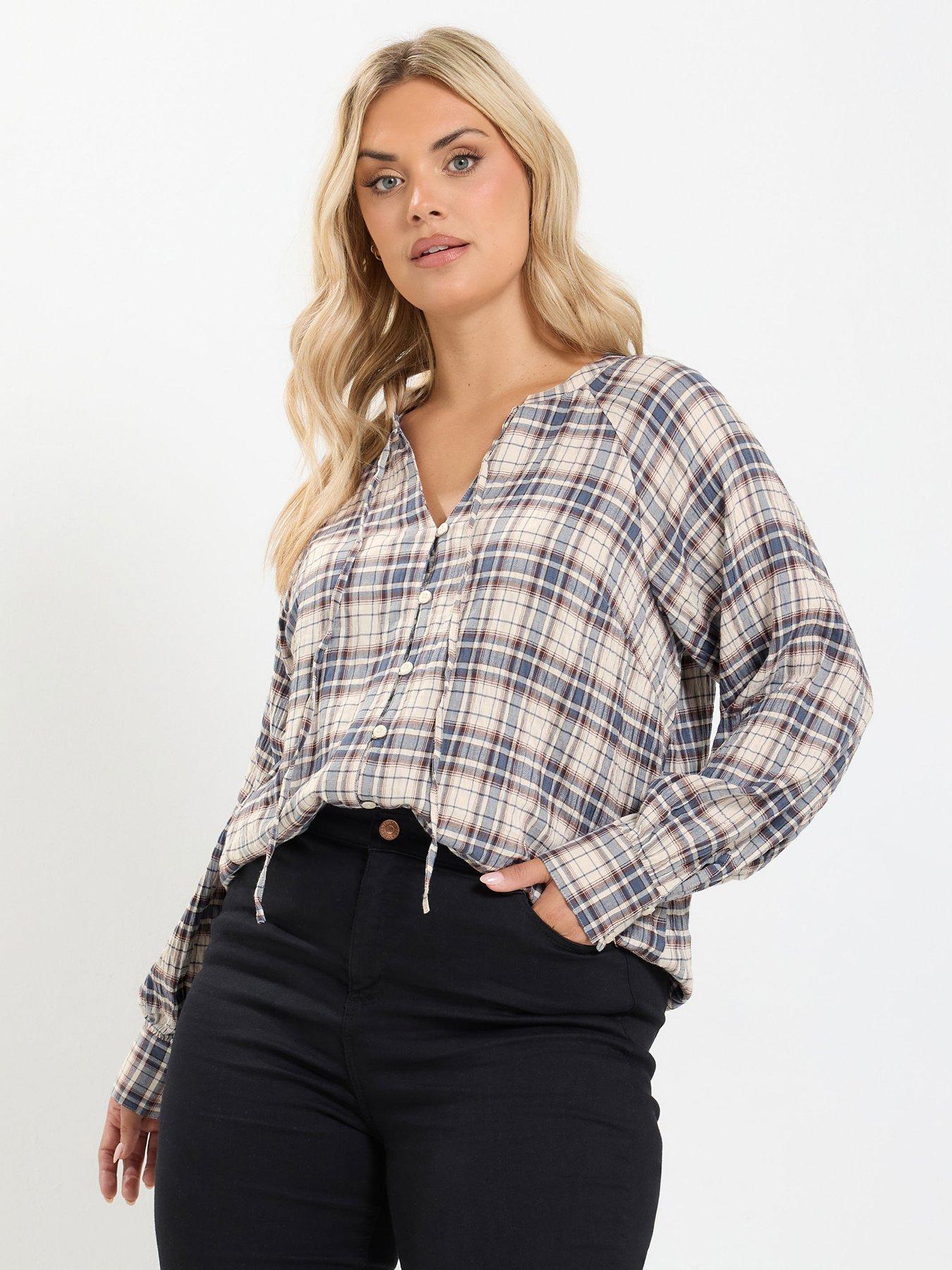 Image 1 of 4 of Yours Womens Curve Check Button-Through Tie Neck Blouse - Blue