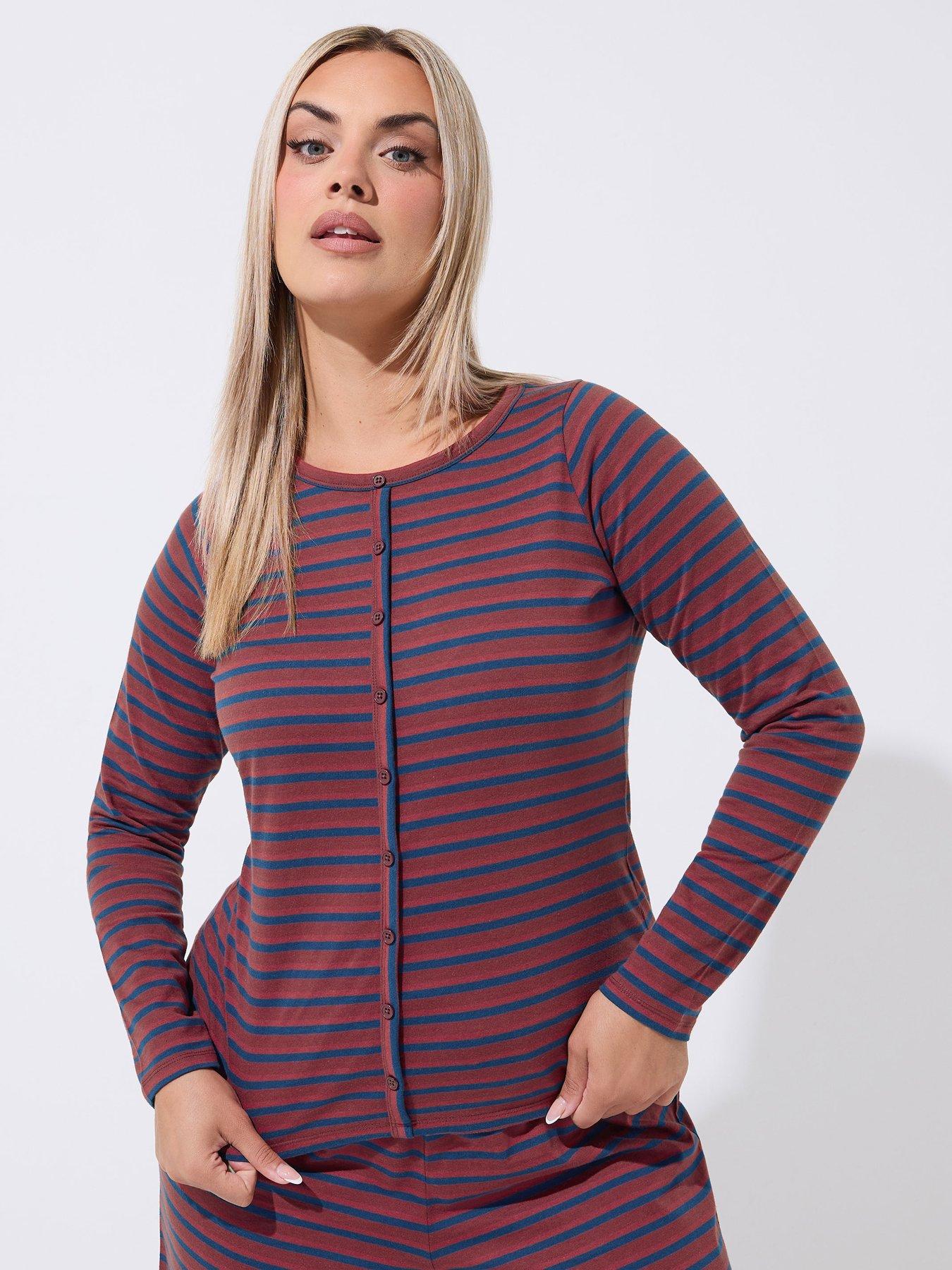Image 1 of 4 of Yours Womens Curve Stripe Button-Through Long Sleeve Blouse - Blue