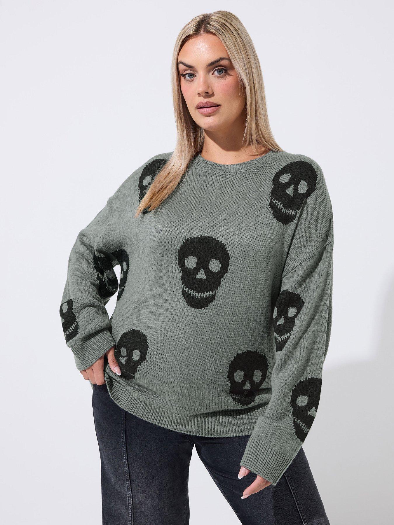 Yours Curve Skull Knitted Jumper - Grey