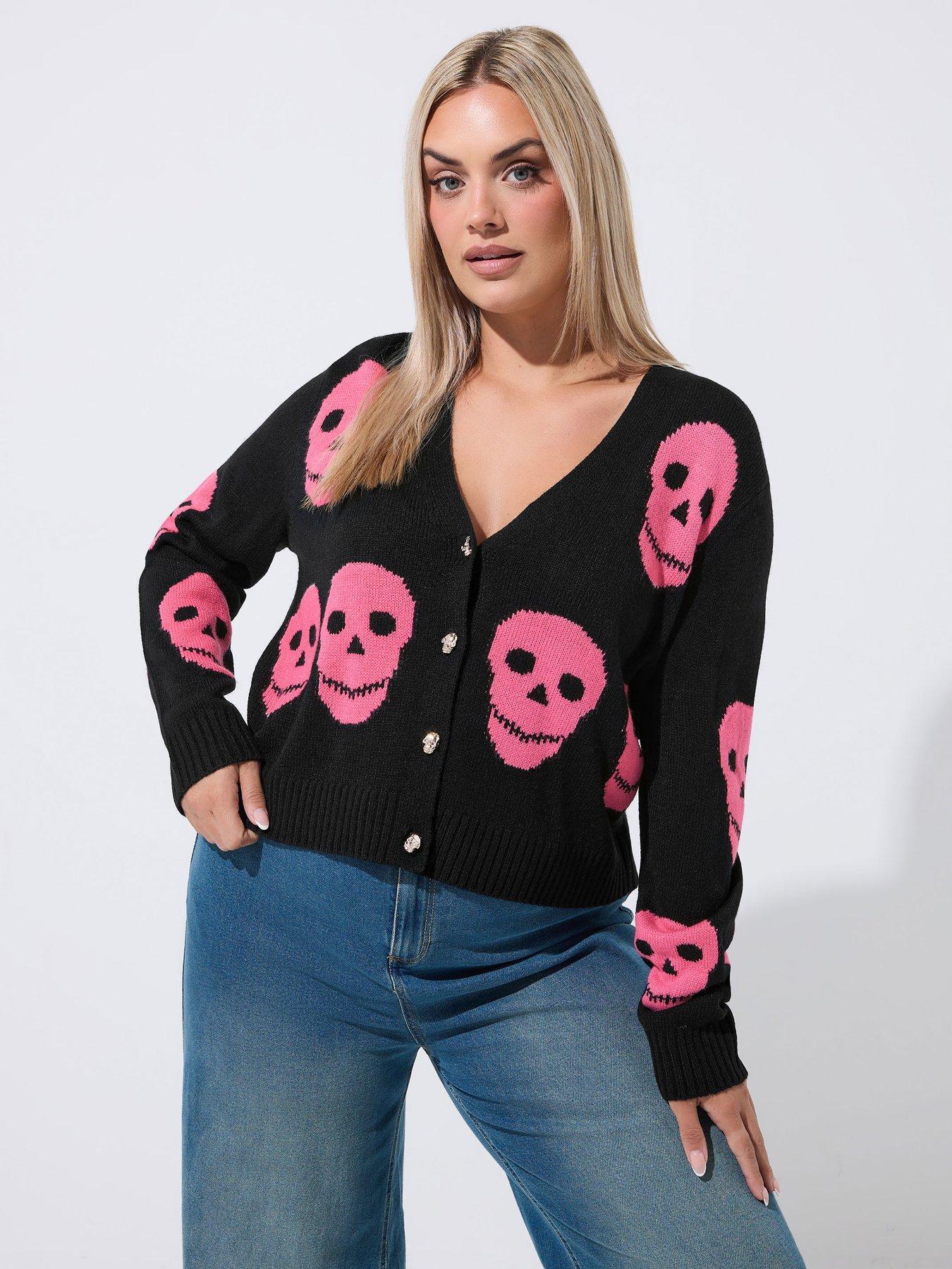 Image 1 of 4 of Yours Curve Skull Button Cardigan - Black
