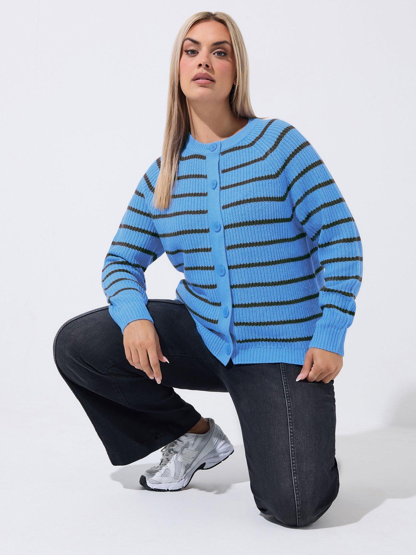 Yours Curve Raglan Stripe Cardigan - Blue
