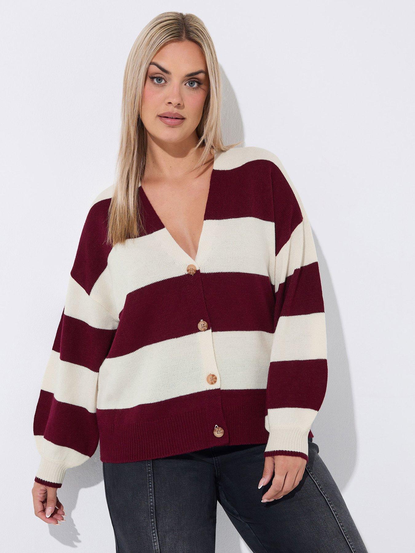 Yours Curve Stripe Balloon Sleeve Cardigan - Cream