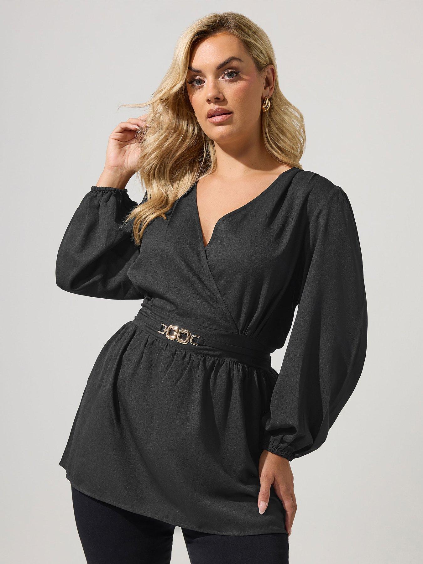 Image 1 of 4 of Yours Curve Buckle Detail Wrap Top - Black