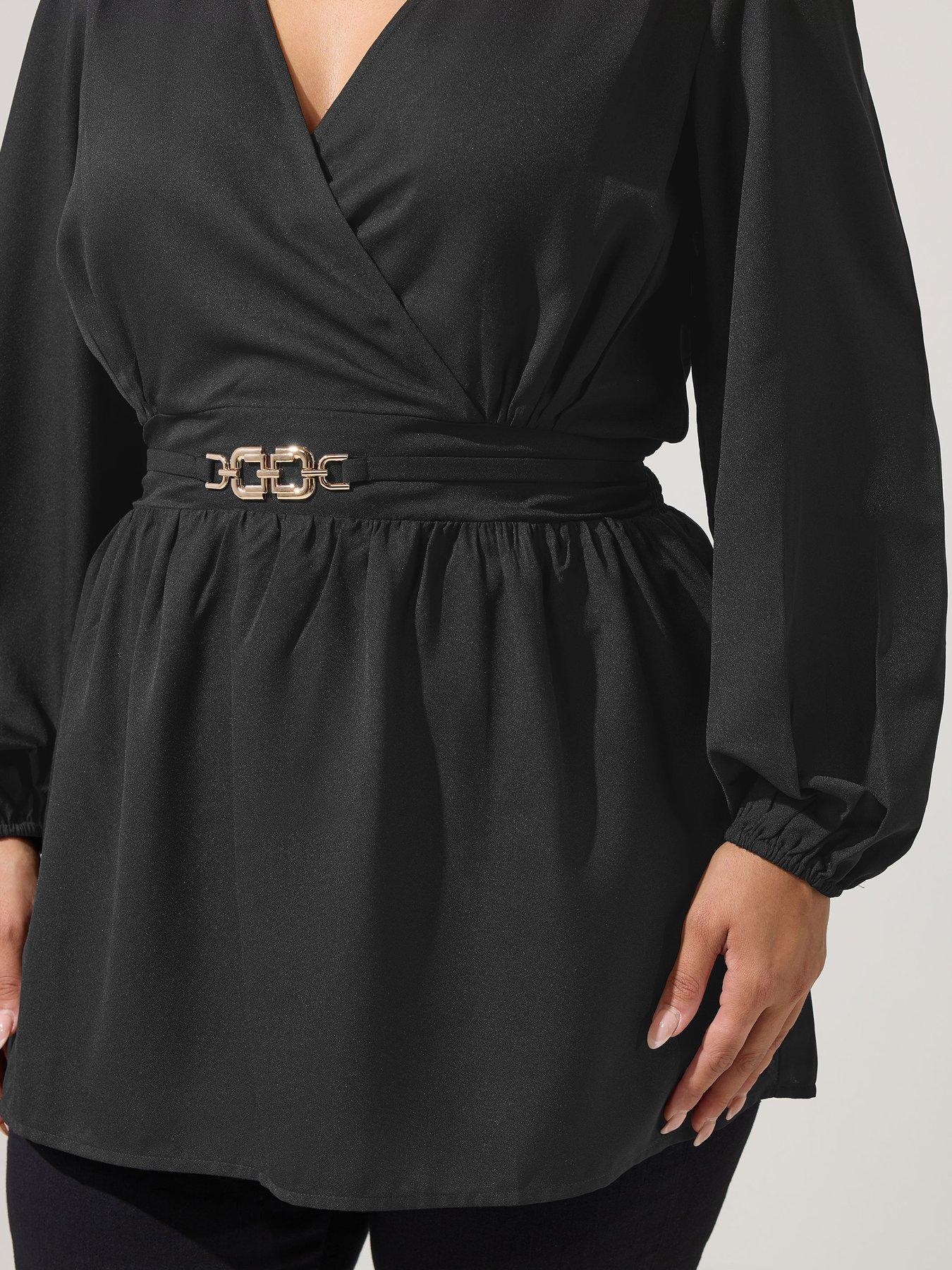 Image 4 of 4 of Yours Curve Buckle Detail Wrap Top - Black
