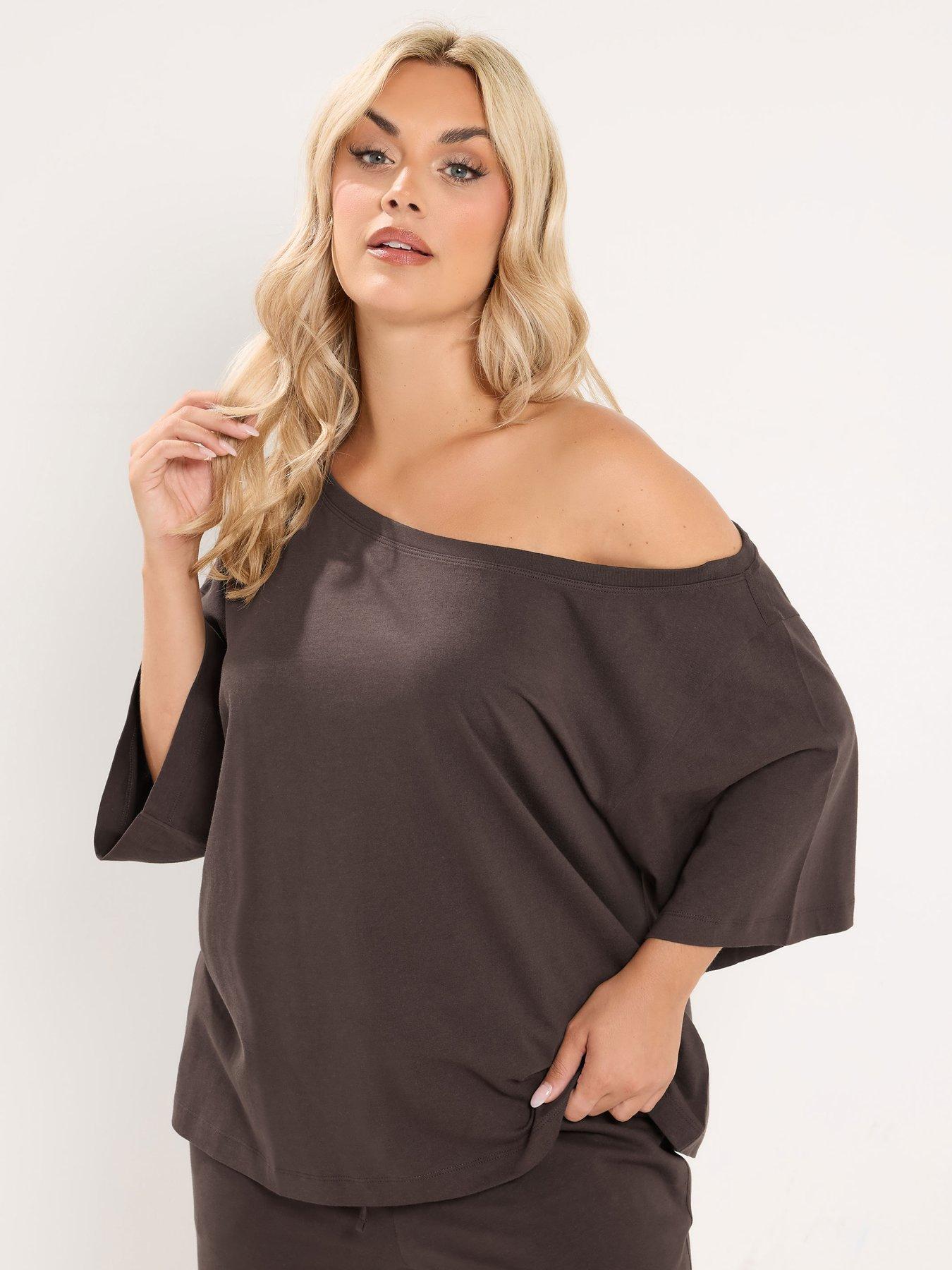 Yours Curve Off Shoulder T-Shirt - Brown