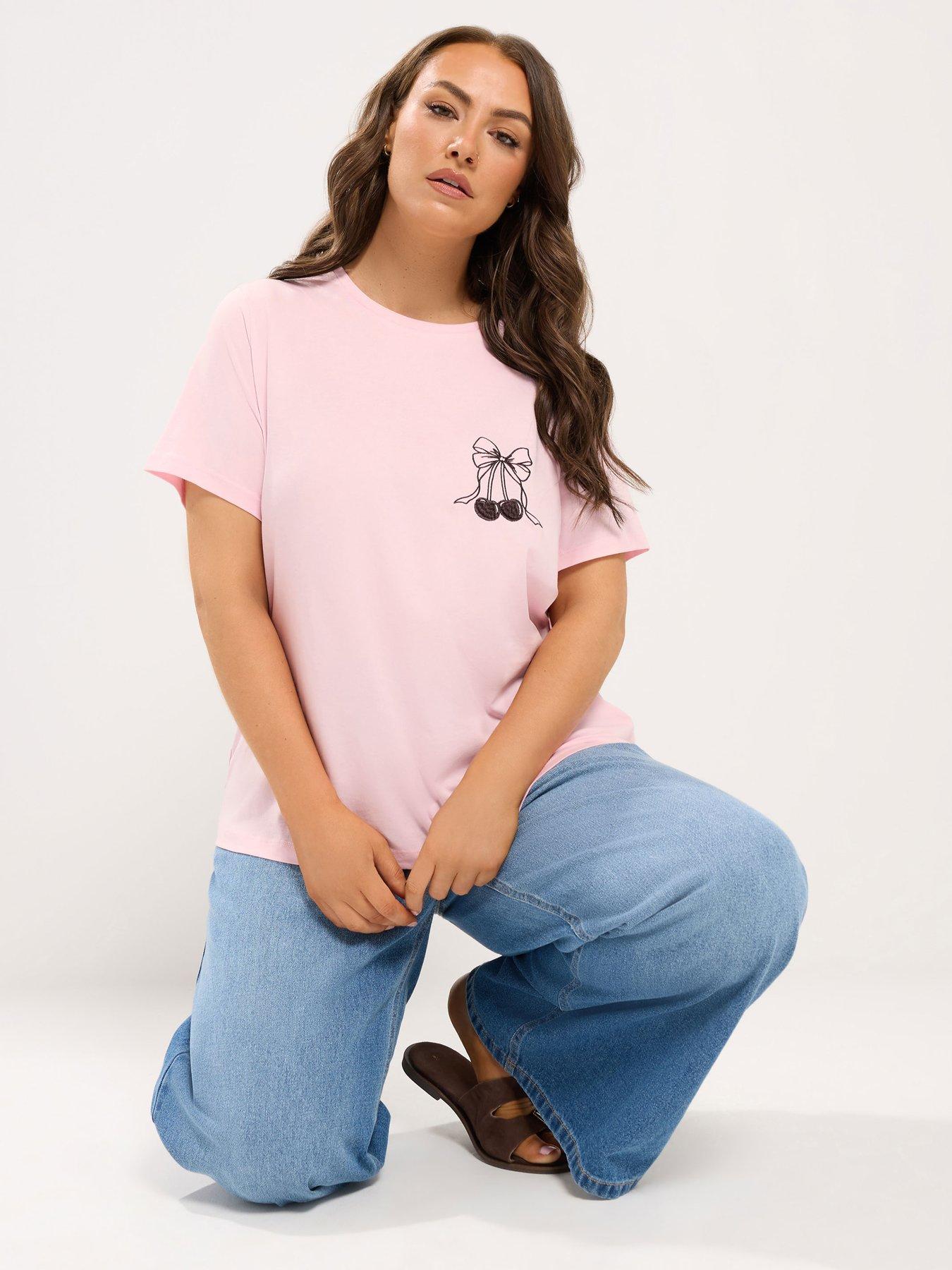 Yours Curve Cherry Detail T-Shirt - Pink