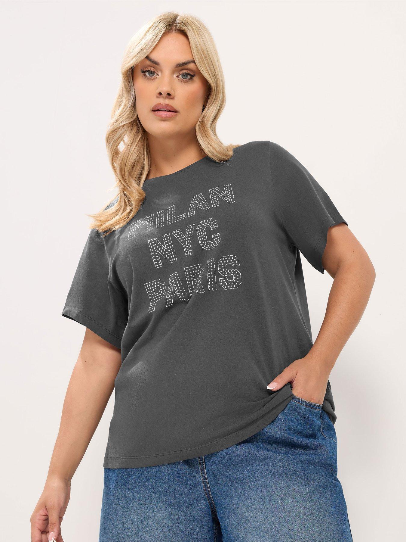 Yours Curve "Milan, NYC  &  Paris" Studded T-Shirt - Grey
