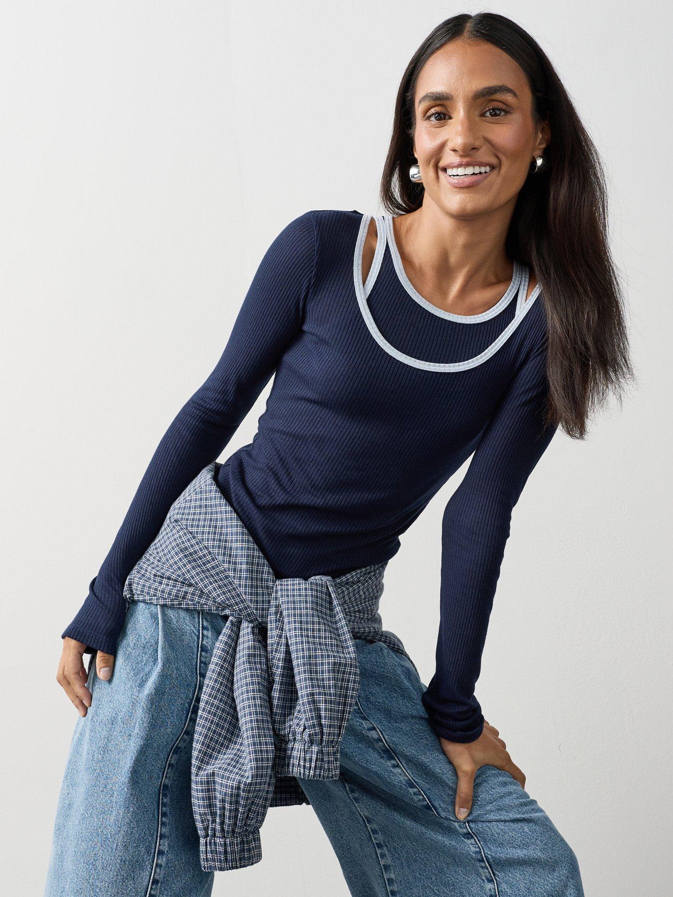 Image 1 of 7 of Michelle Keegan Double Layer Sheer Top - Navy