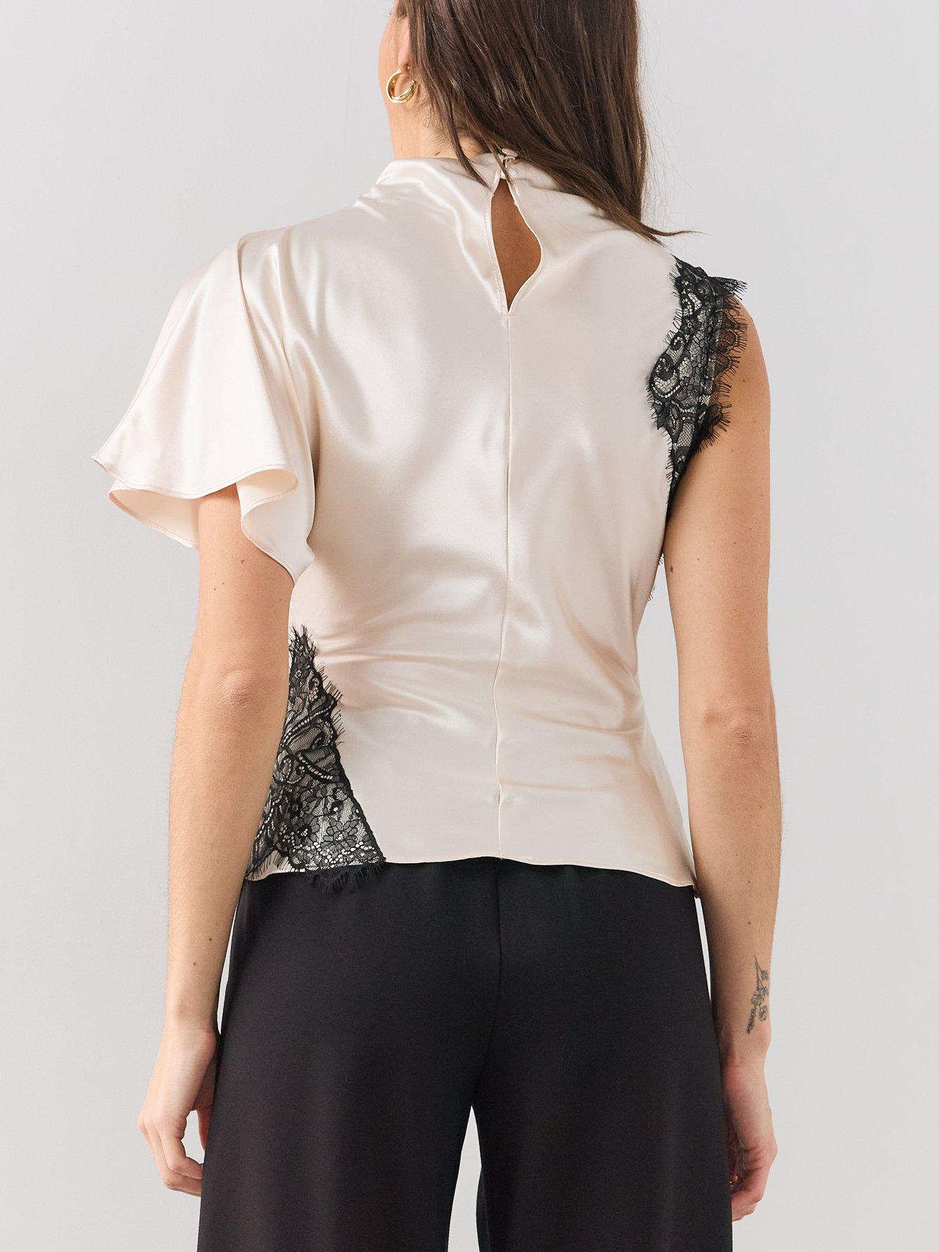 Image 2 of 5 of The Very Collection Satin Lace Trim Short Sleeve Blouse
