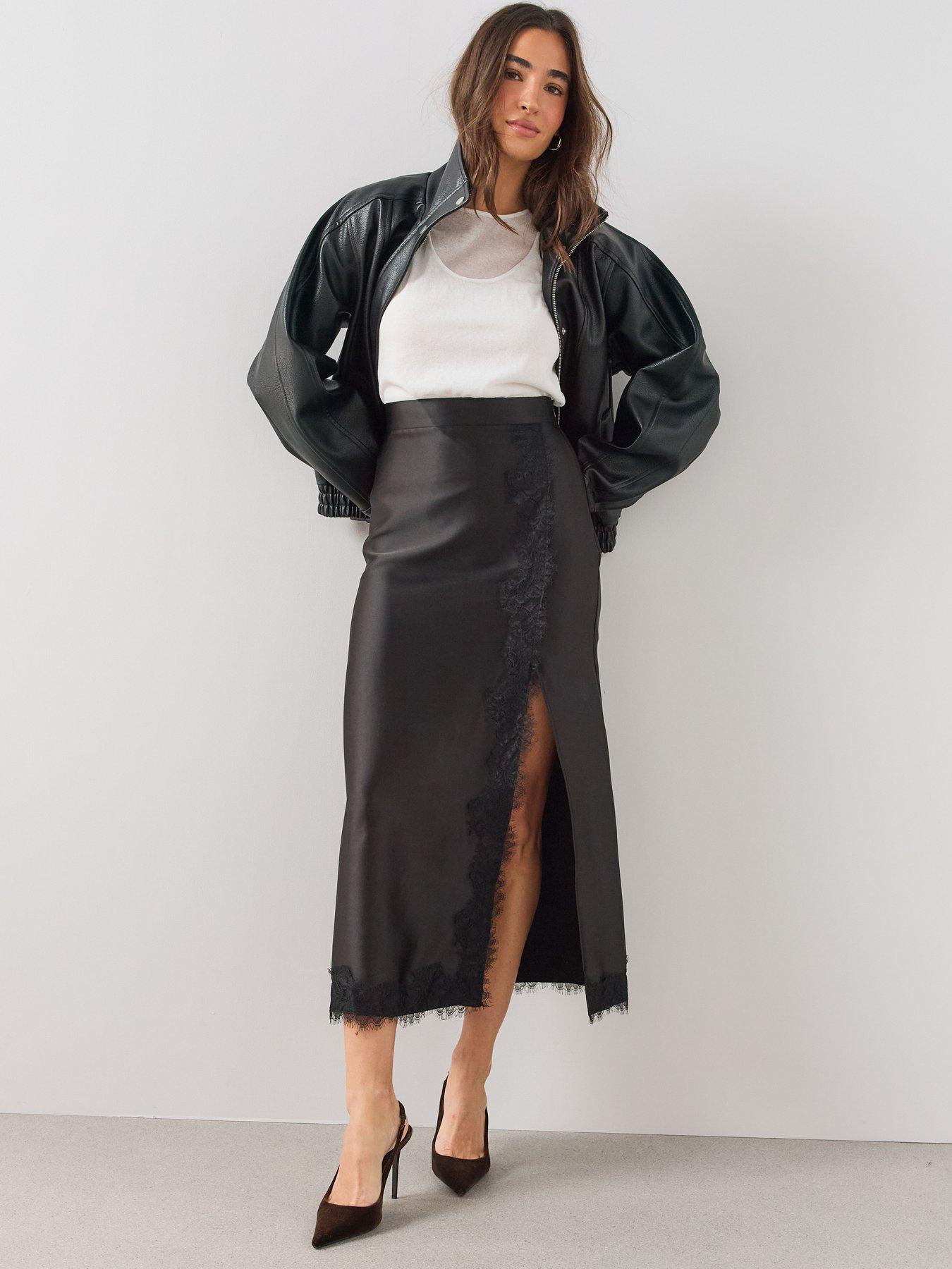 The Very Collection Satin Lace Trim Maxi Skirt - Black