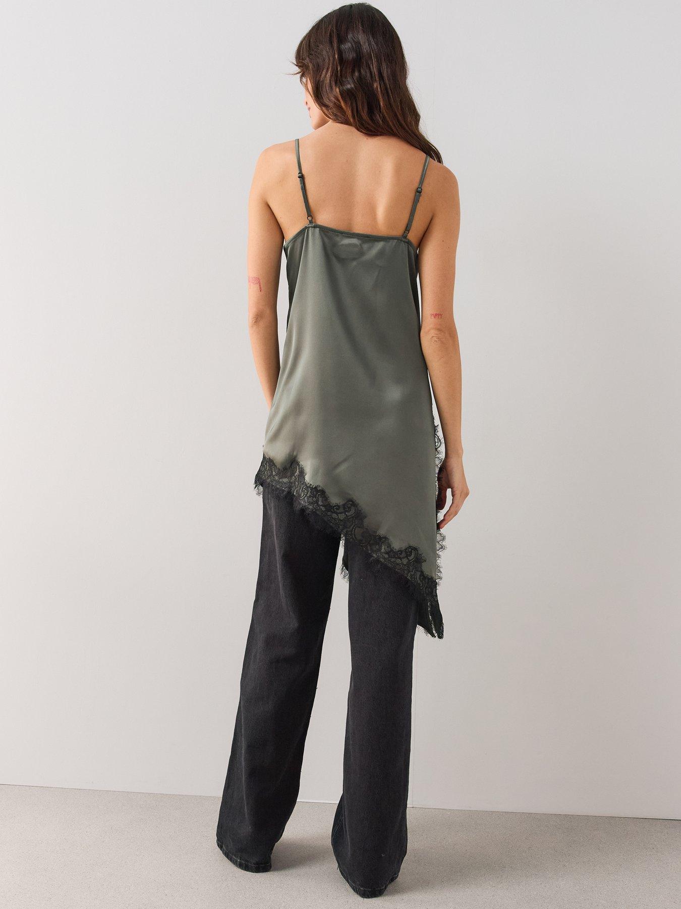 Image 2 of 7 of The Very Collection Satin Lace Trim Asymmetric Cami - Green