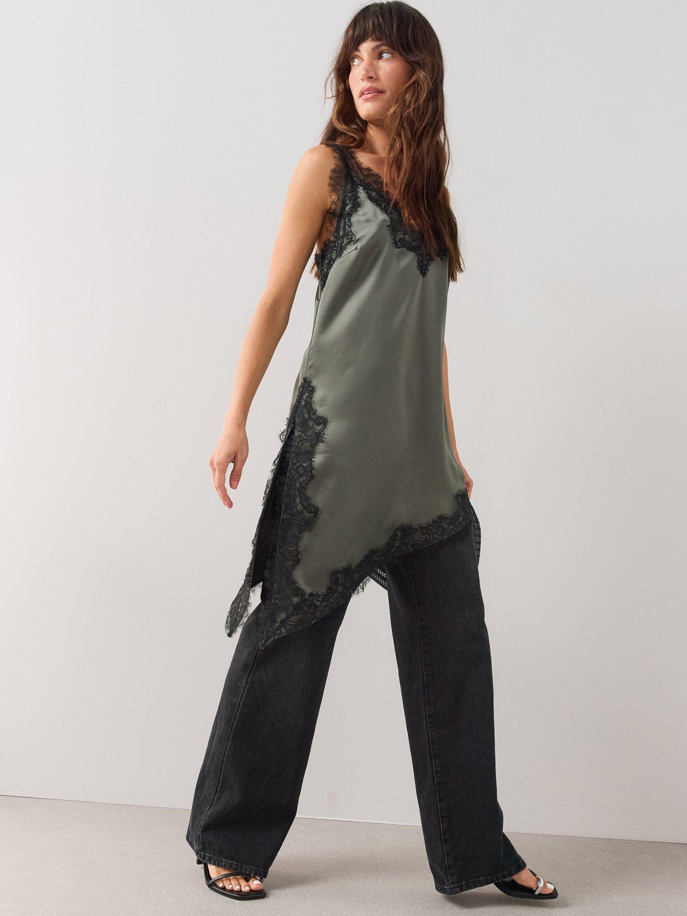 Image 3 of 7 of The Very Collection Satin Lace Trim Asymmetric Cami - Green