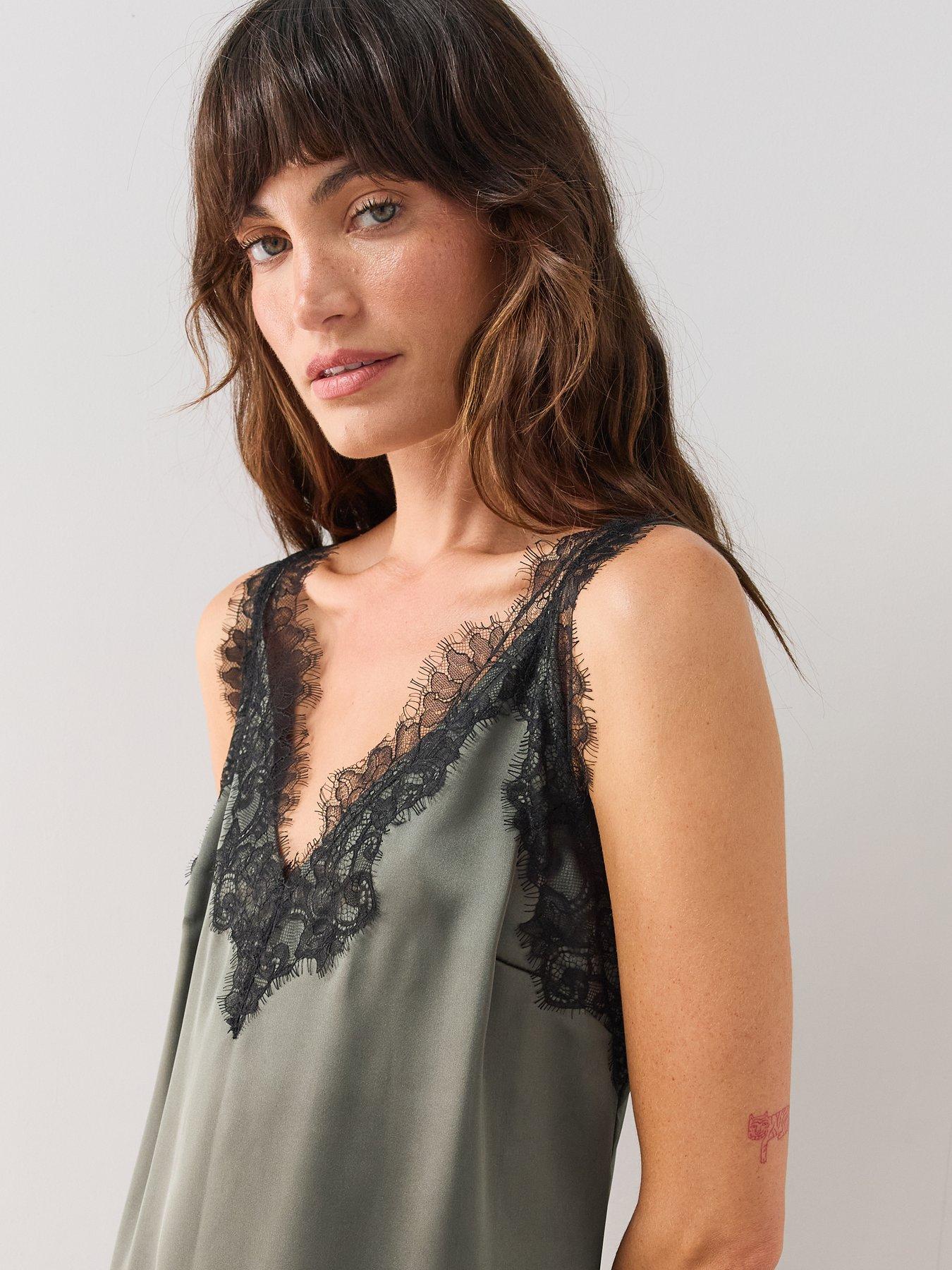 Image 4 of 7 of The Very Collection Satin Lace Trim Asymmetric Cami - Green