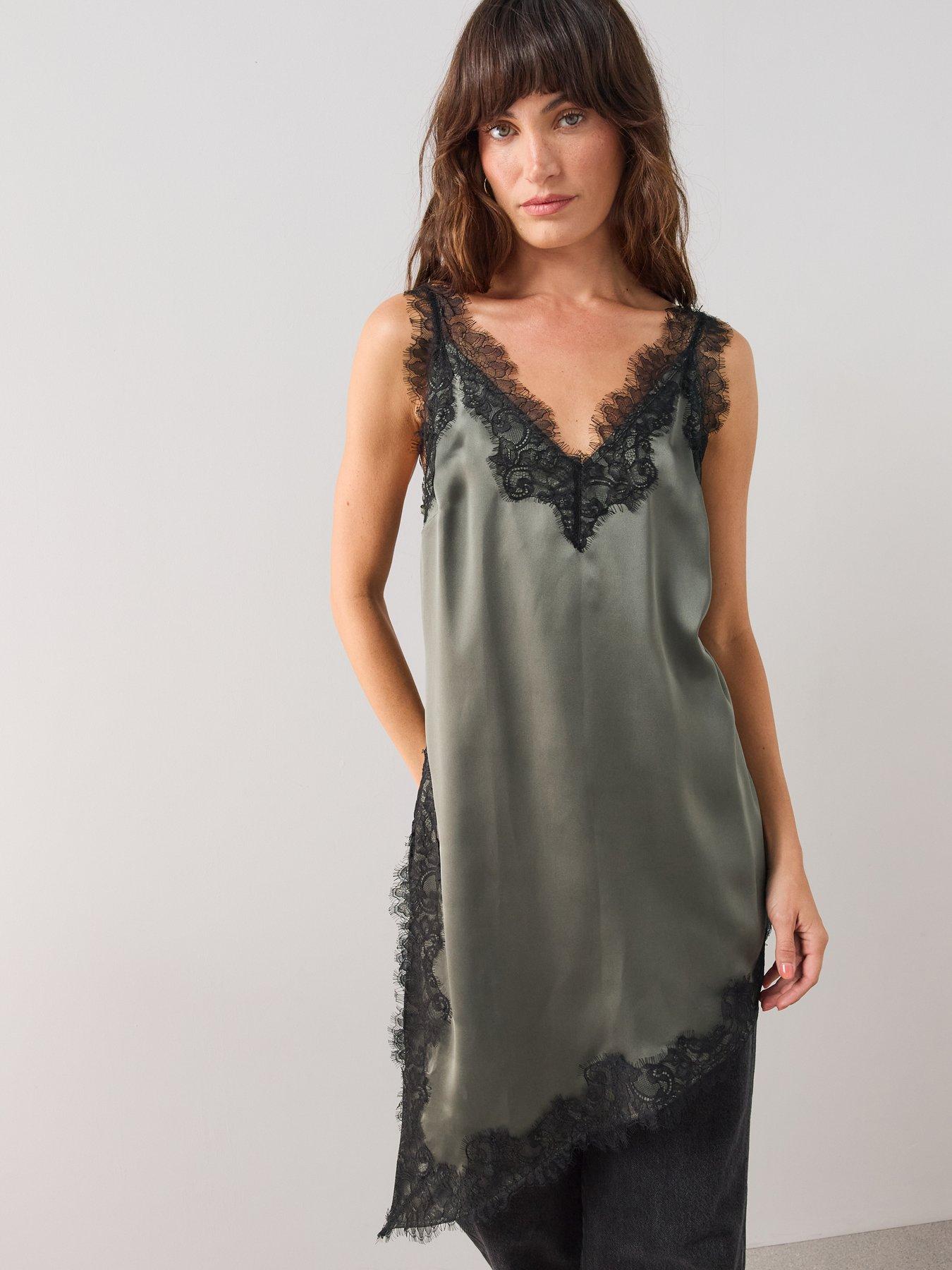 Image 5 of 7 of The Very Collection Satin Lace Trim Asymmetric Cami - Green
