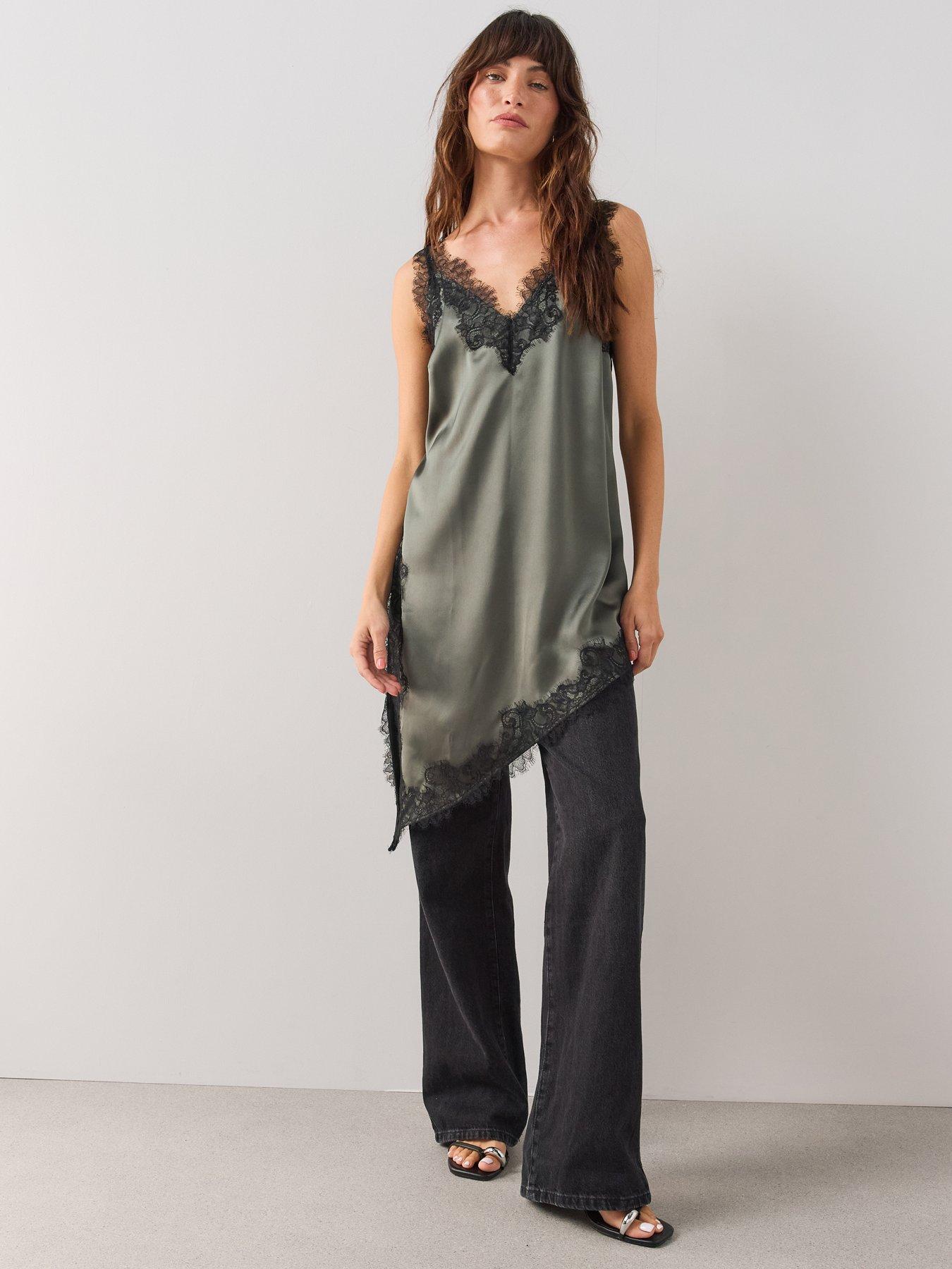 Image 6 of 7 of The Very Collection Satin Lace Trim Asymmetric Cami - Green