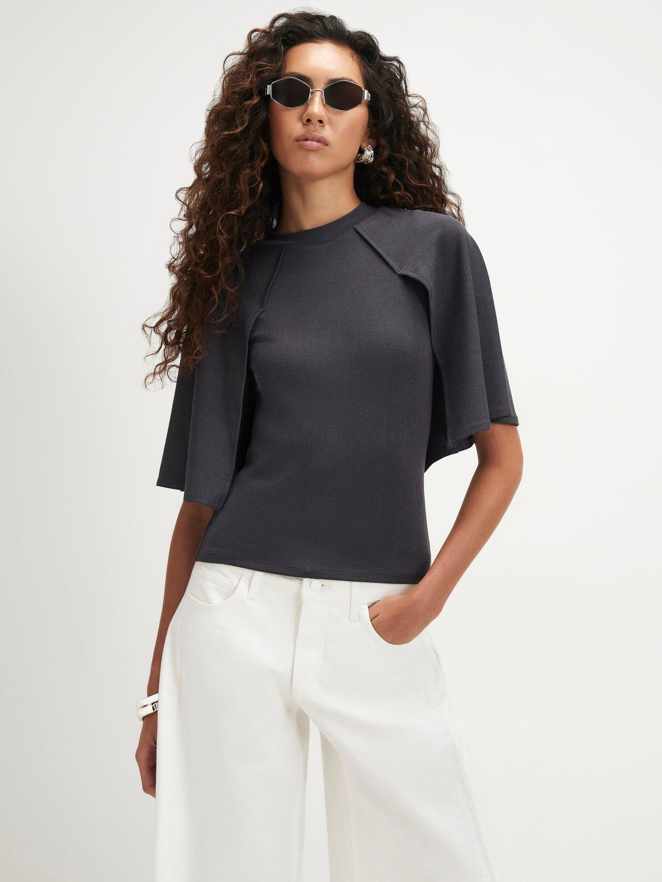 Image 1 of 6 of River Island Womens Cape Sleeve Soft Touch Ribbed T-Shirt - Grey