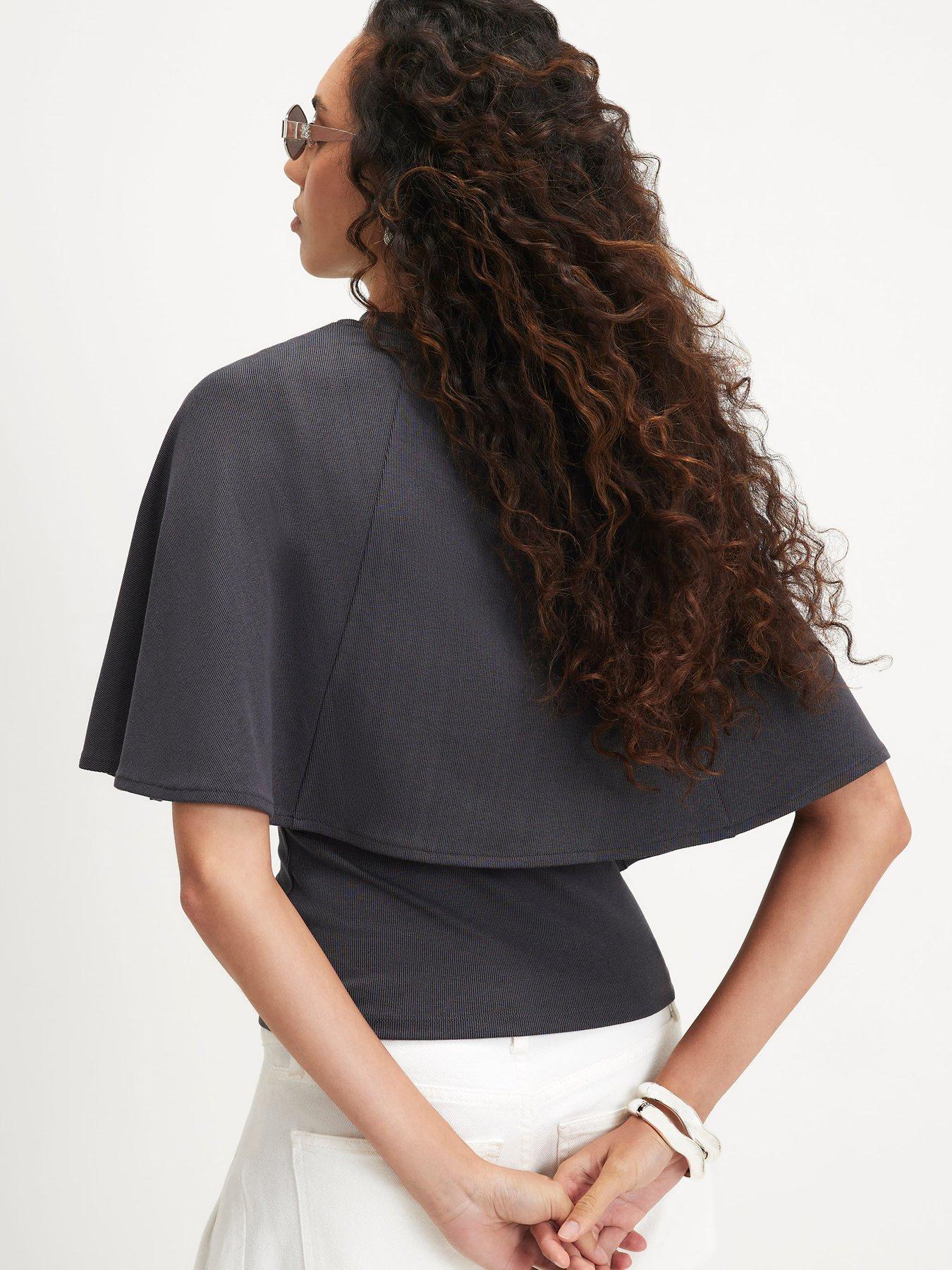 Image 2 of 6 of River Island Womens Cape Sleeve Soft Touch Ribbed T-Shirt - Grey