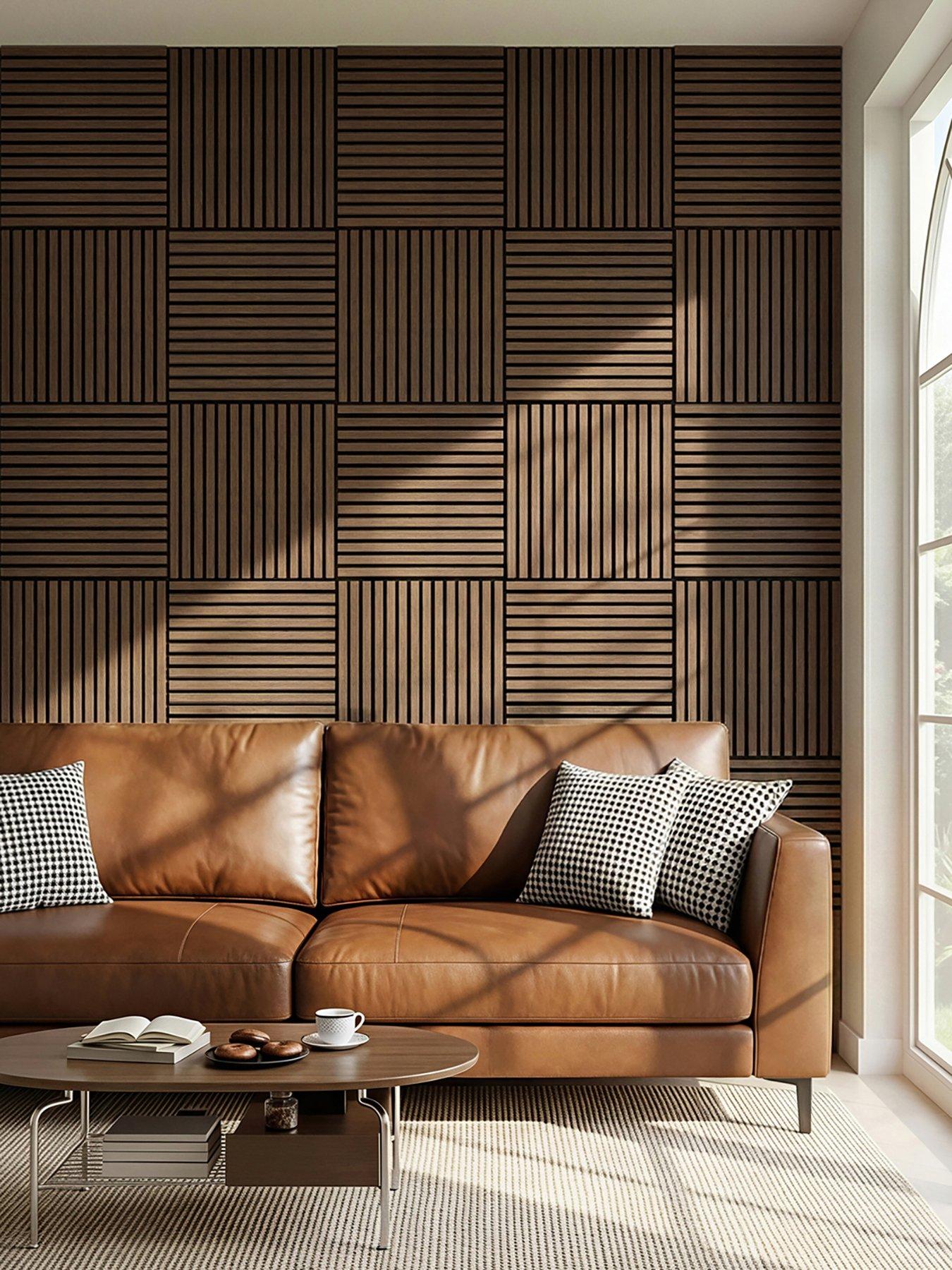 Image 1 of 7 of Living and Home 4-Pack Acoustic MDF Wall Panels Walnut Effect 60cm W x 60cm H