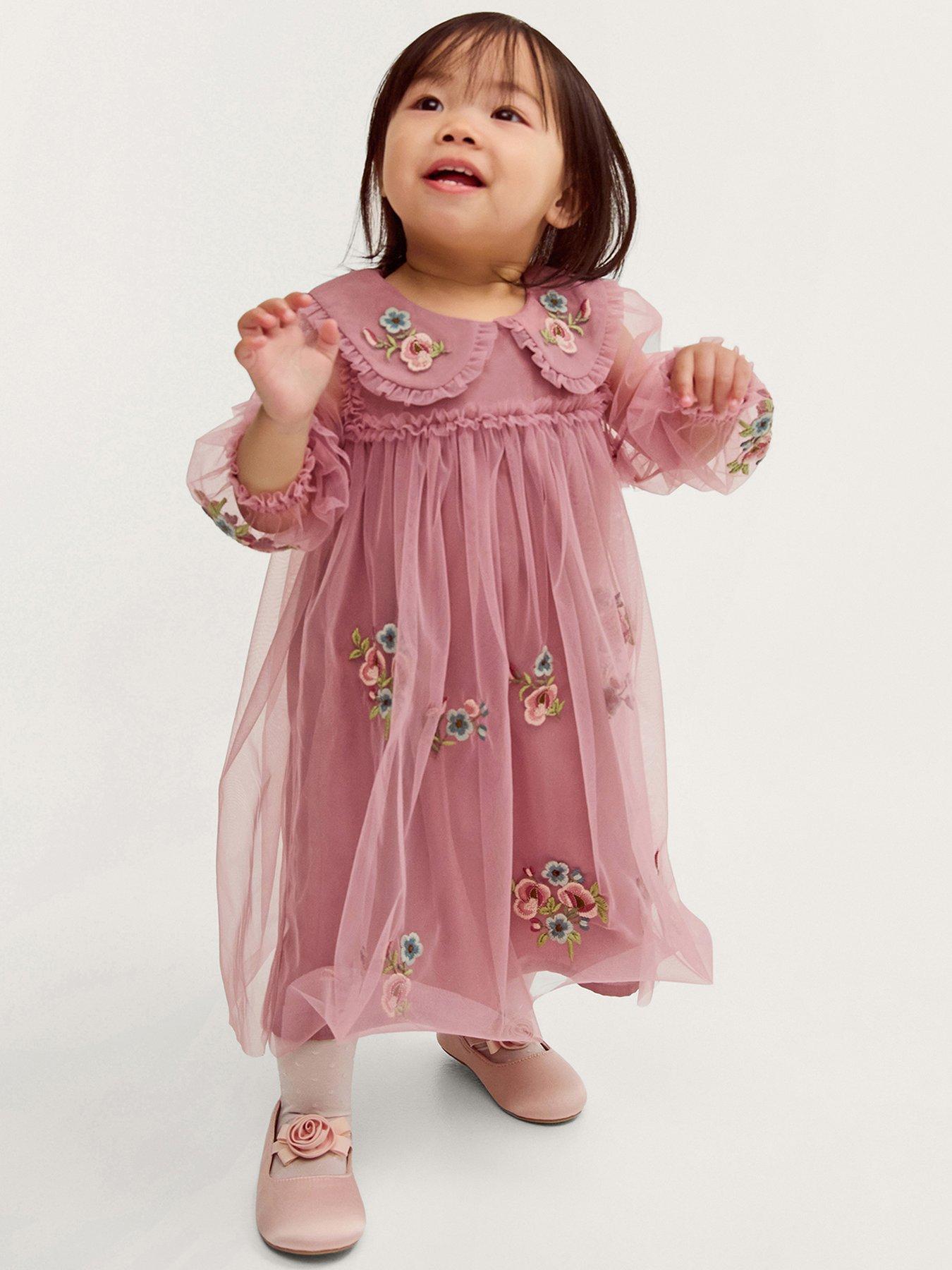 Monsoon Baby Girls Pink Floral Mesh Embroidered Dress - Pink