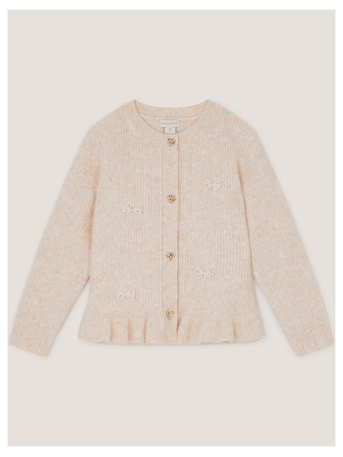 Monsoon Girls Oatmeal Pearl Trim Peplum Cardigan - Cream