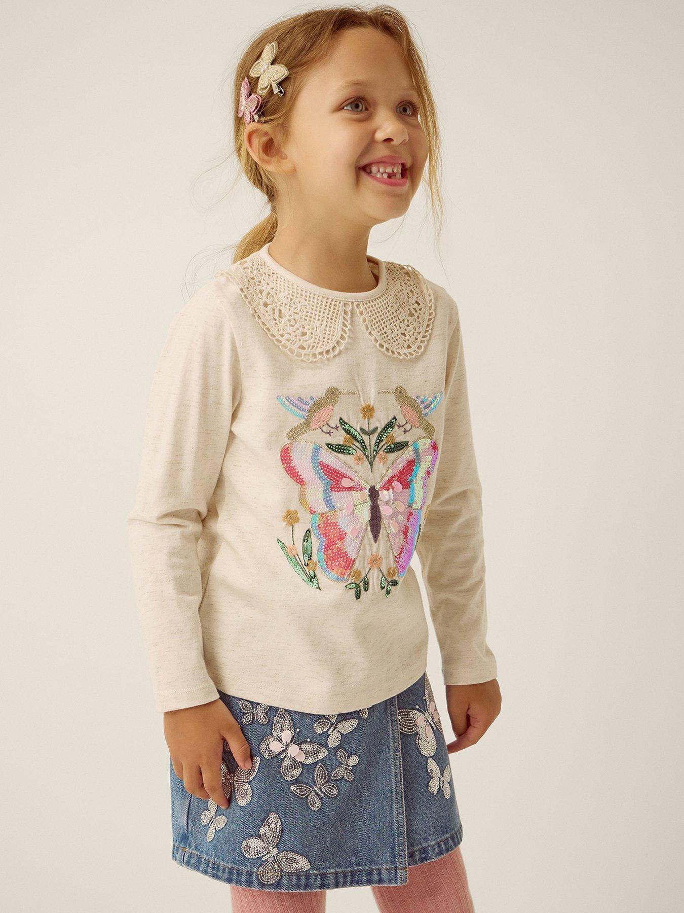 Monsoon Girls Long Sleeve Sparkle Butterffly Embroidered Tshirt - Light Cream