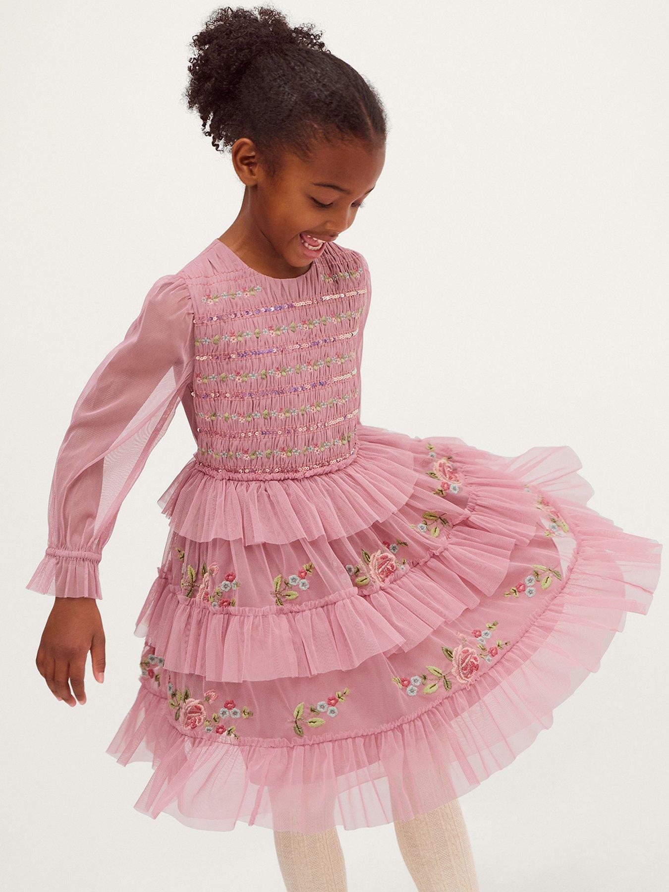 Monsoon Girls Mesh Sequin Embroidered Ruffle Dress - Pink