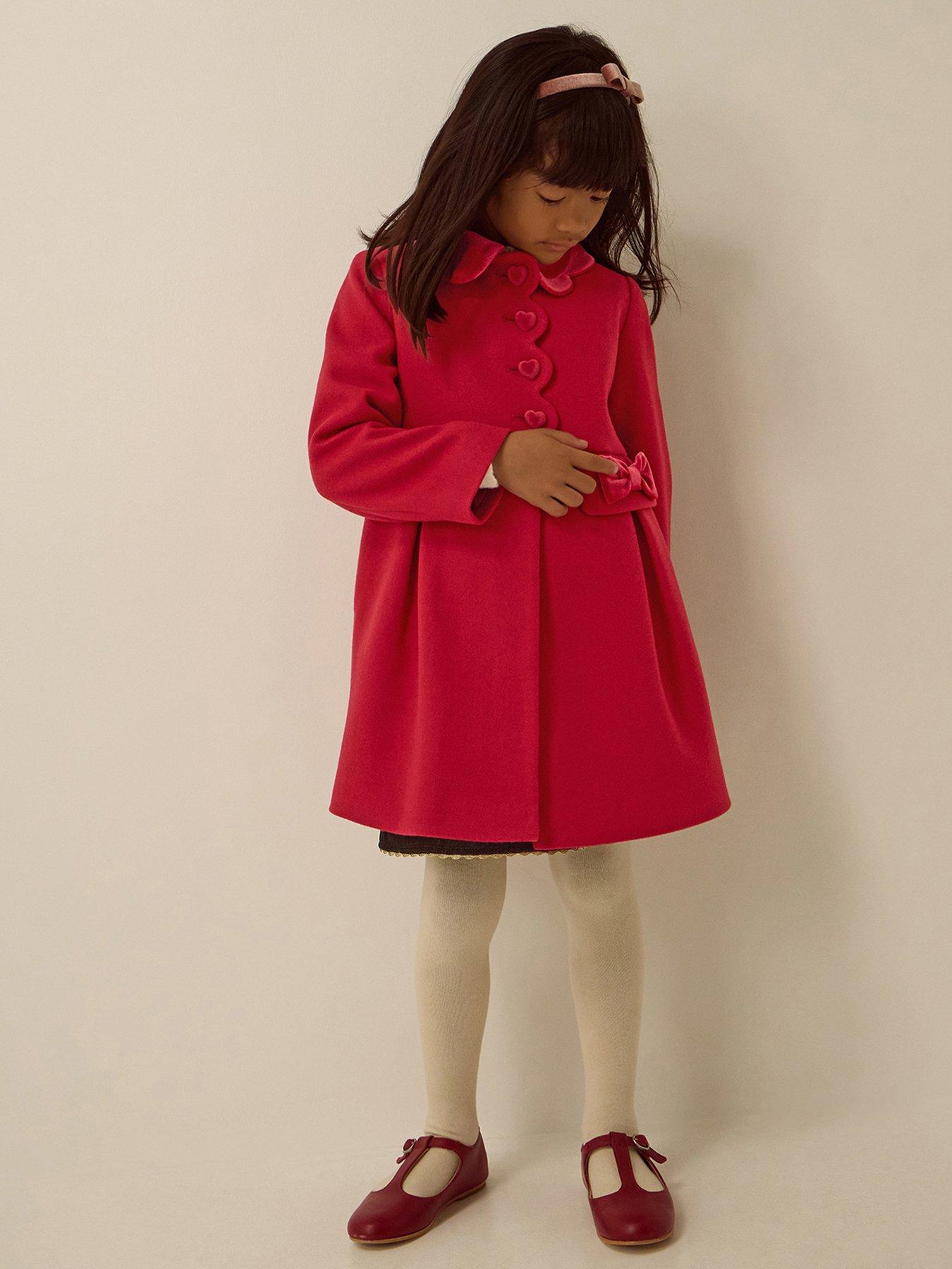 Image 1 of 4 of Monsoon Girls Scalloped Collar Heart Buttons Smart Coat - Dark Red