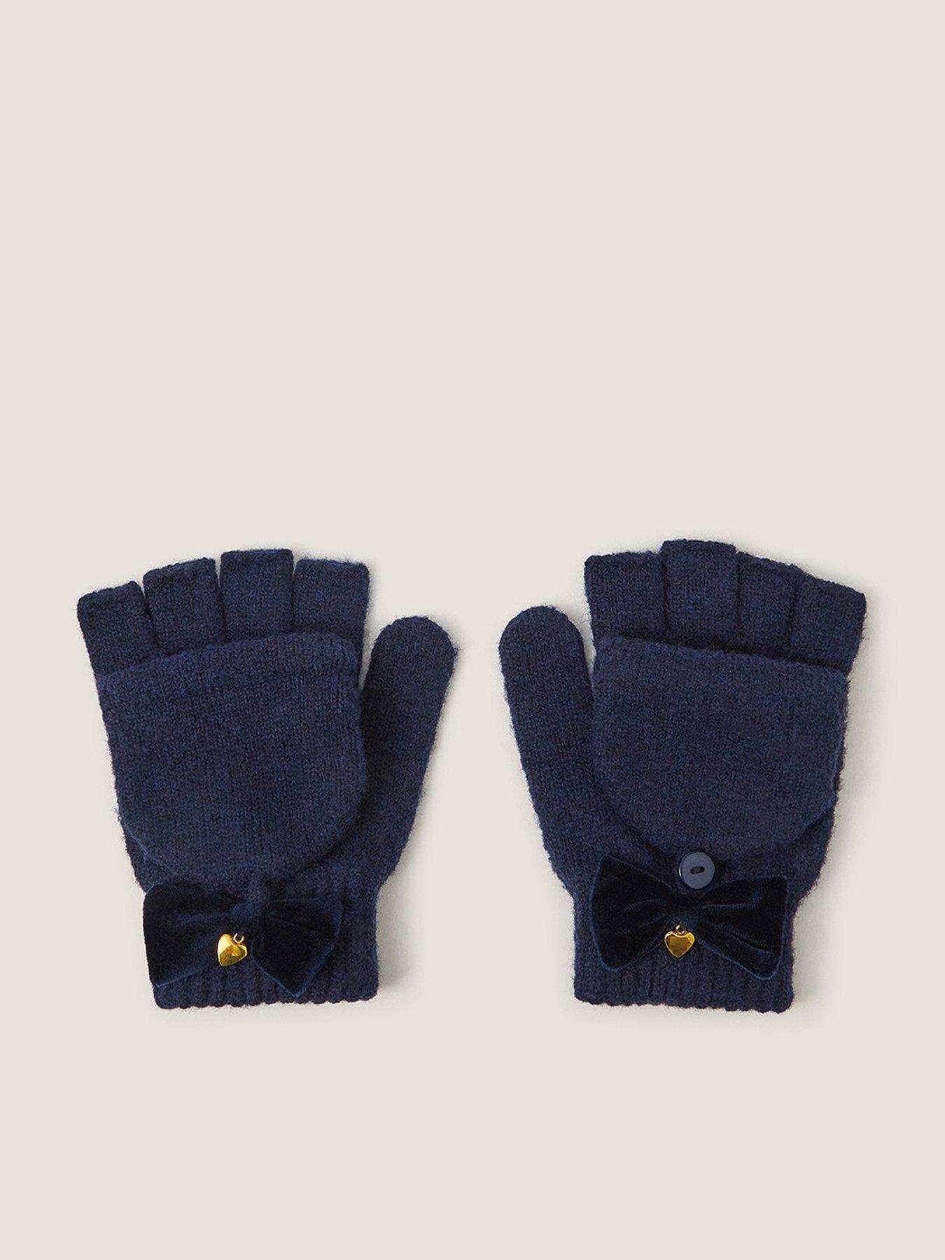 Image 1 of 2 of Monsoon Girls Flip-Top Velvet Bow Gloves - Navy