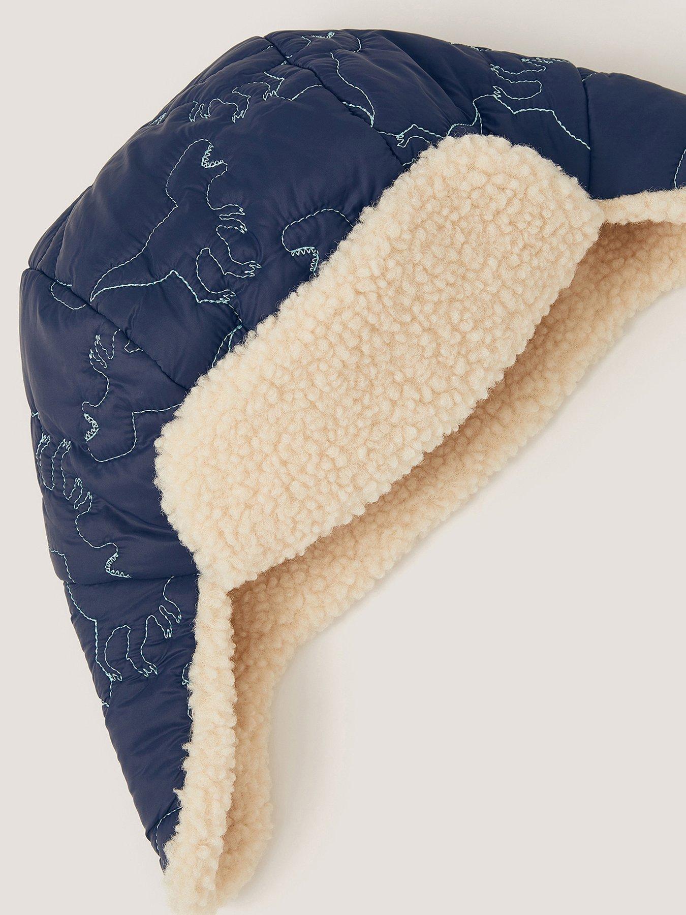 Image 3 of 3 of Monsoon Boys Dinosaur Quilted Borg-Lined Trapper Hat - Navy