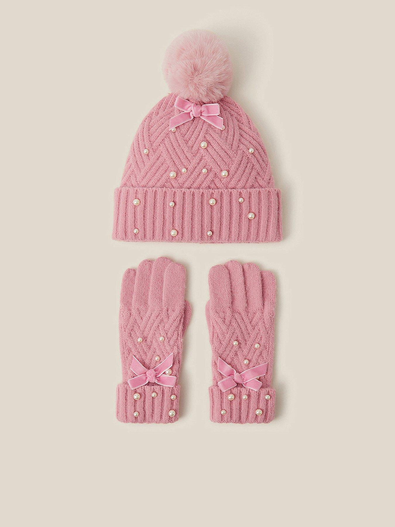 Image 1 of 3 of Monsoon Girls Pearl Cable Hat &amp; Gloves - Pink