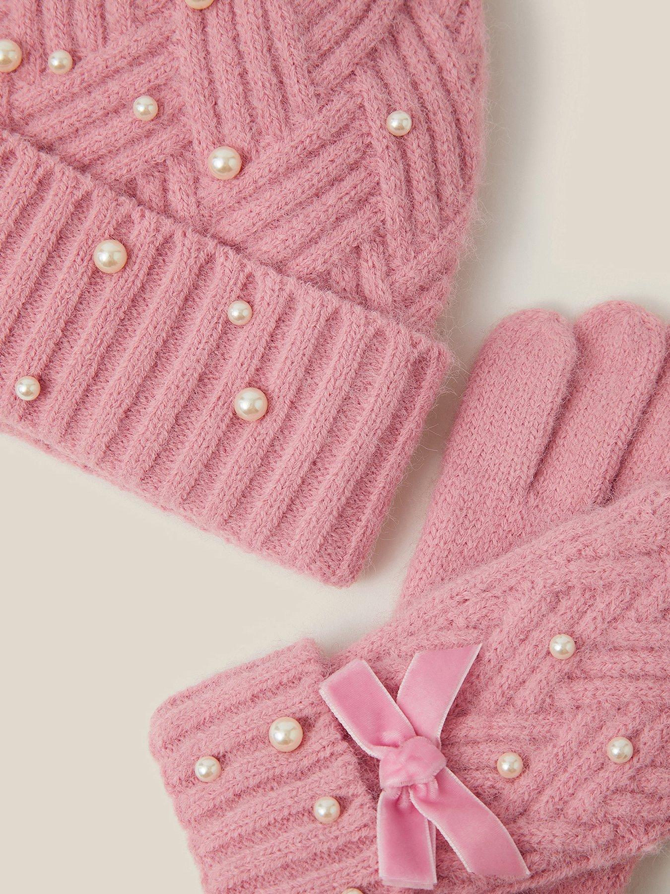 Image 3 of 3 of Monsoon Girls Pearl Cable Hat &amp; Gloves - Pink