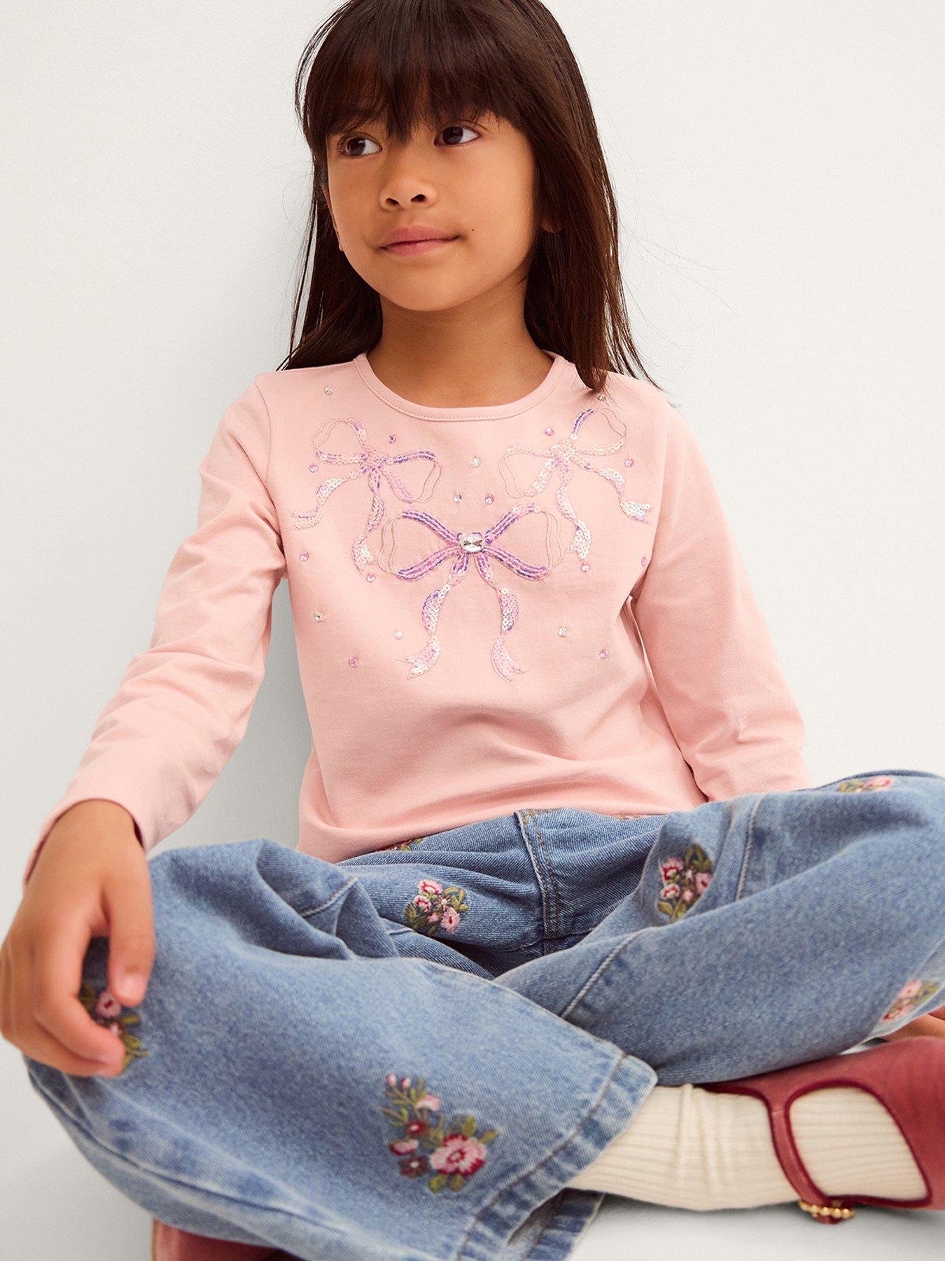Monsoon Girls Le Merais Sequin Bow Embroidered Tshirt - Pink