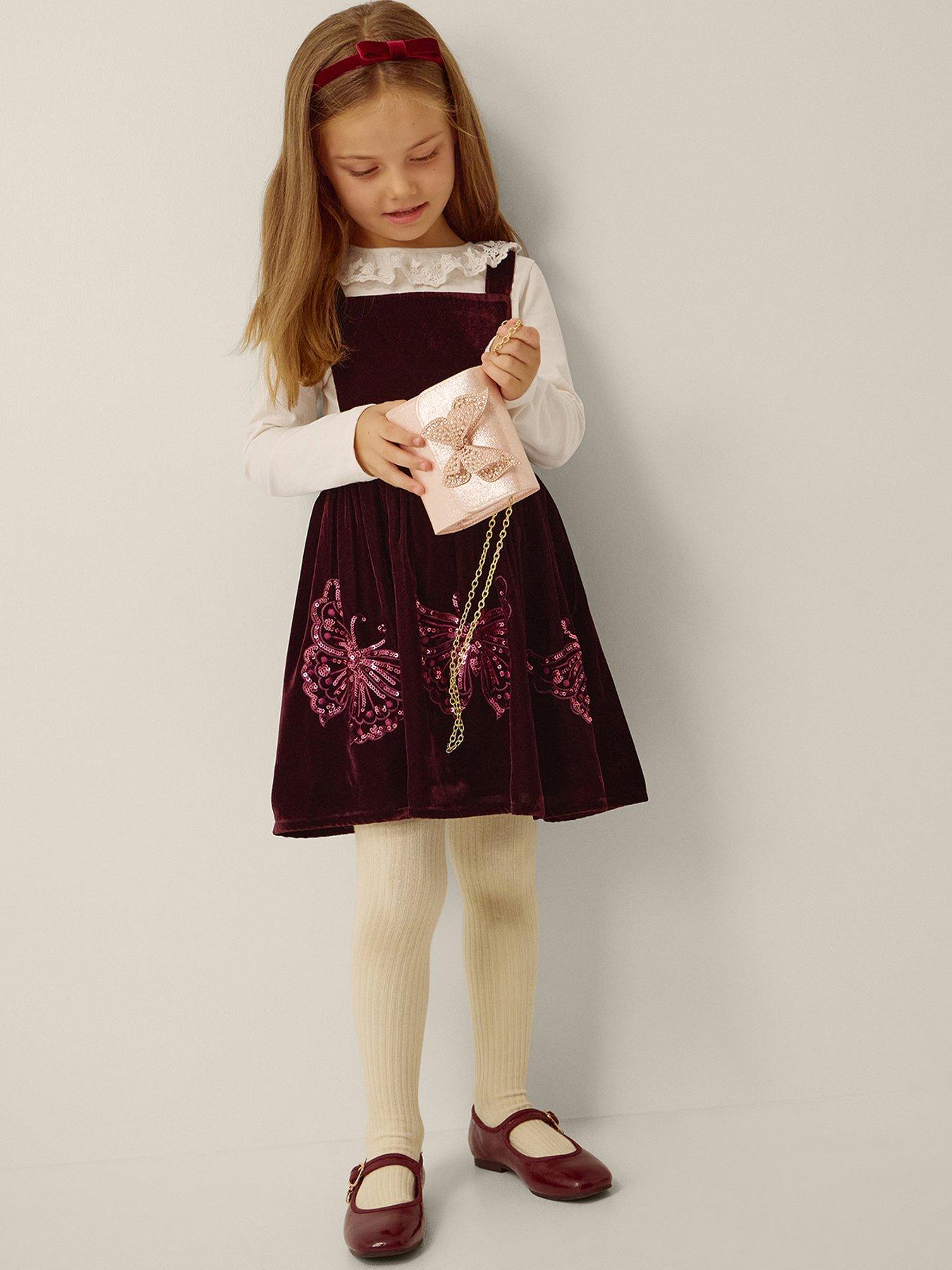 Monsoon Girls 2 Piece Velvet Butterfly Pinafore  &  Tshirt Set - Dark Red