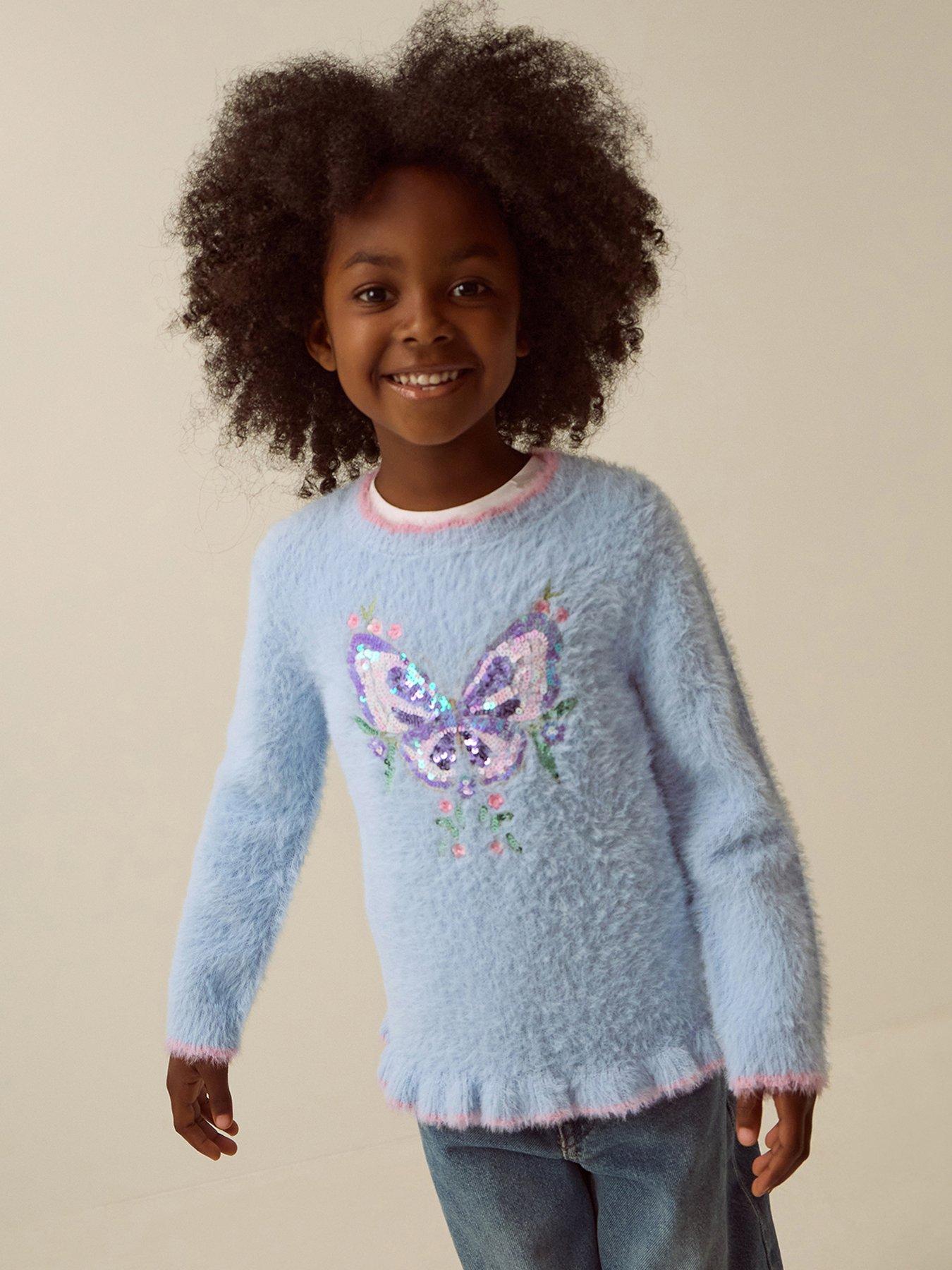 Monsoon Girls Butterfly Embroidered Eyelash Jumper - Blue
