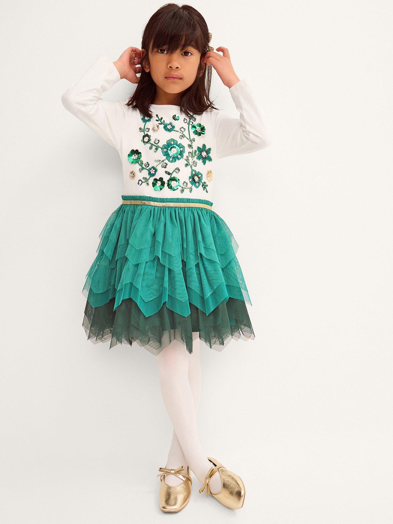 Monsoon Girls Green Embroidered Floral Disco Dress - Green