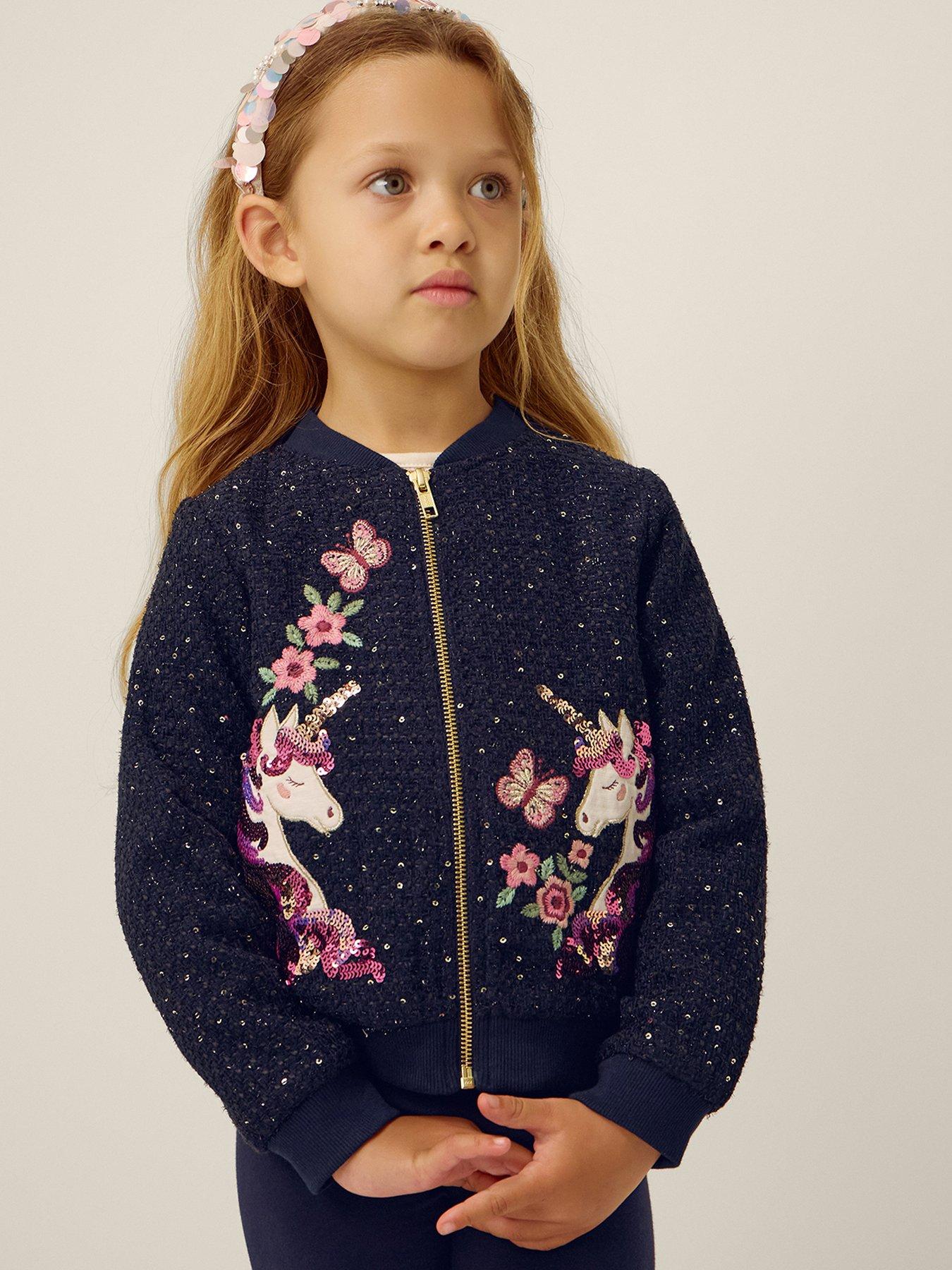Monsoon Girls Sparkle Unicorn Wool Bomber Jacket - Navy