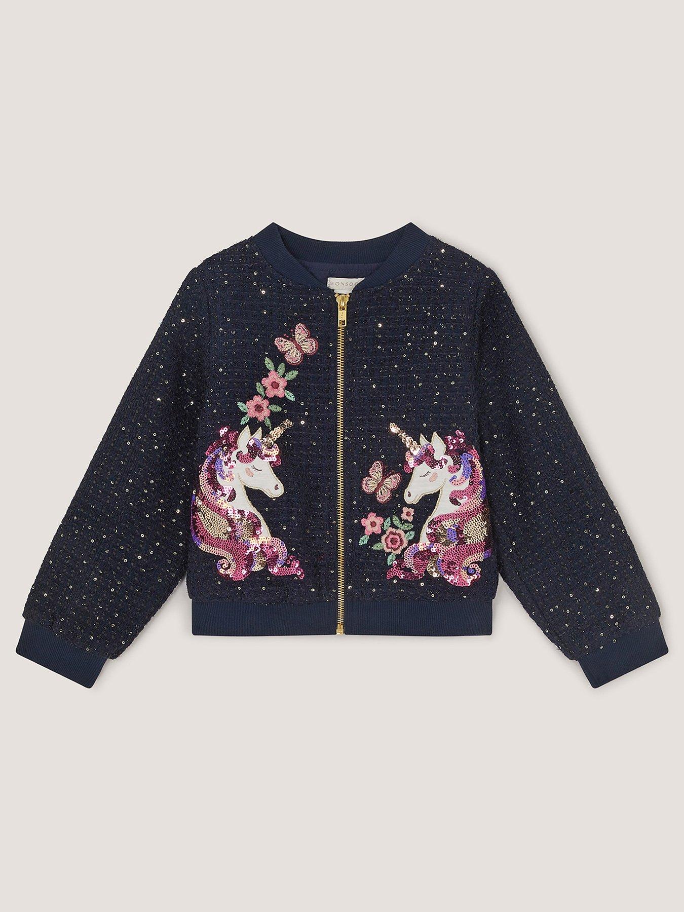 Image 2 of 4 of Monsoon Girls Sparkle Unicorn Wool Bomber Jacket - Navy