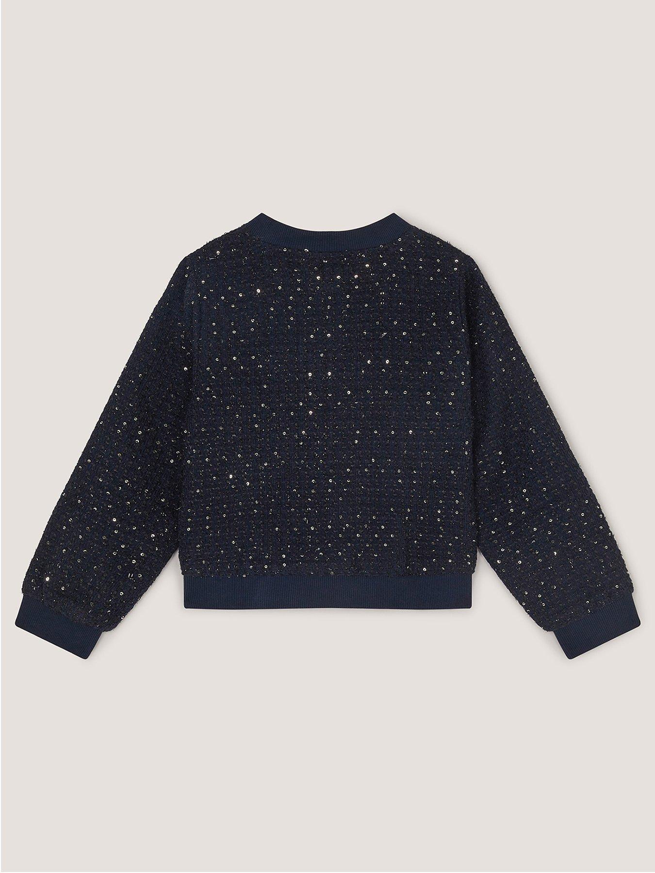 Image 3 of 4 of Monsoon Girls Sparkle Unicorn Wool Bomber Jacket - Navy