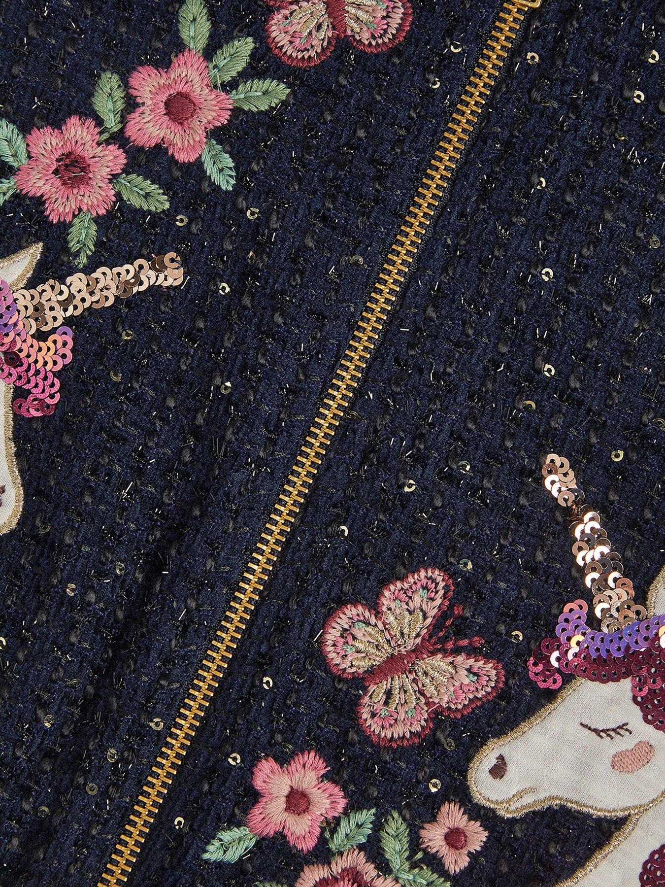 Image 4 of 4 of Monsoon Girls Sparkle Unicorn Wool Bomber Jacket - Navy