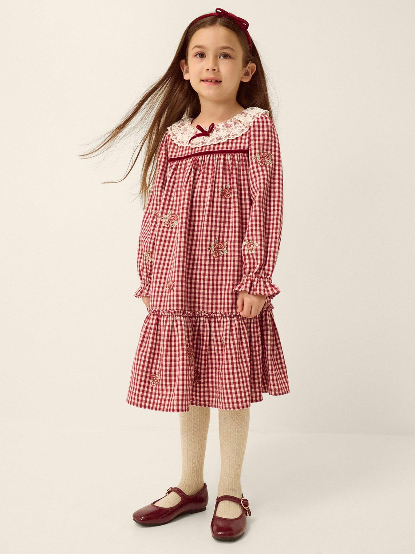 Monsoon Girls Check Embroidered Frill Collar Dress - Dark Red