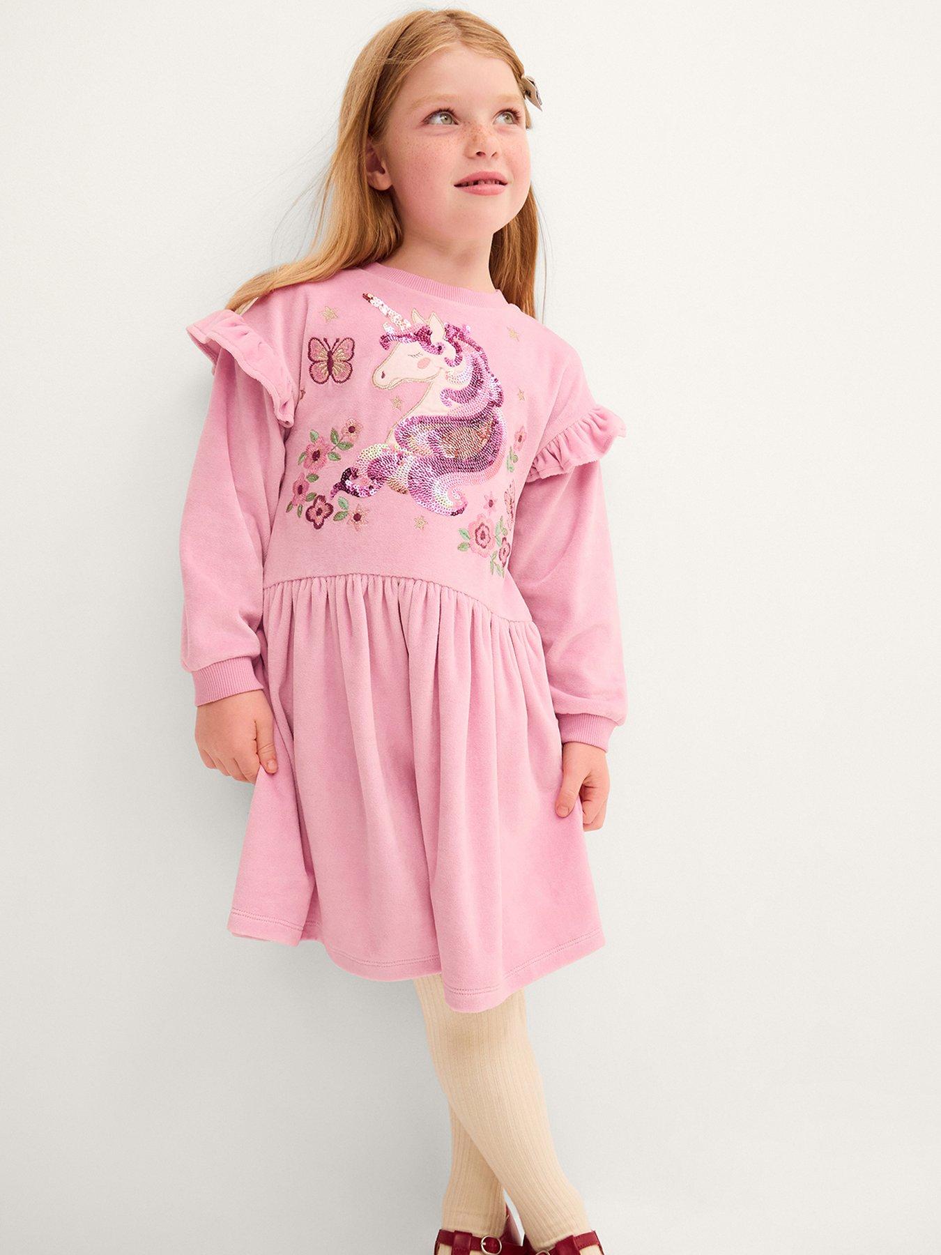 Monsoon Girls Velour Unicorn Sweat Dress - Pink