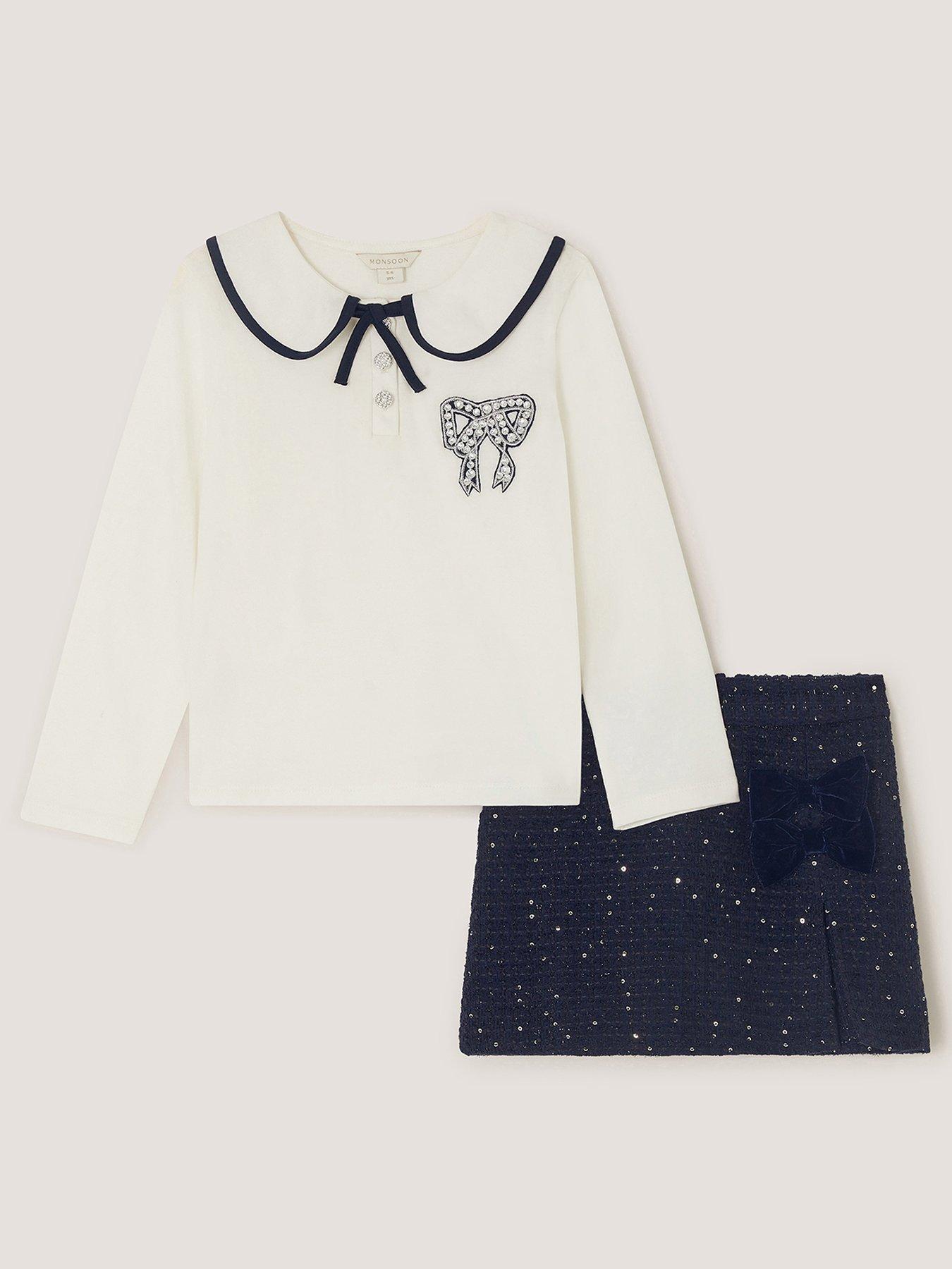 Monsoon Girls Long Sleeve Bow Top  &  Skort Set - Navy