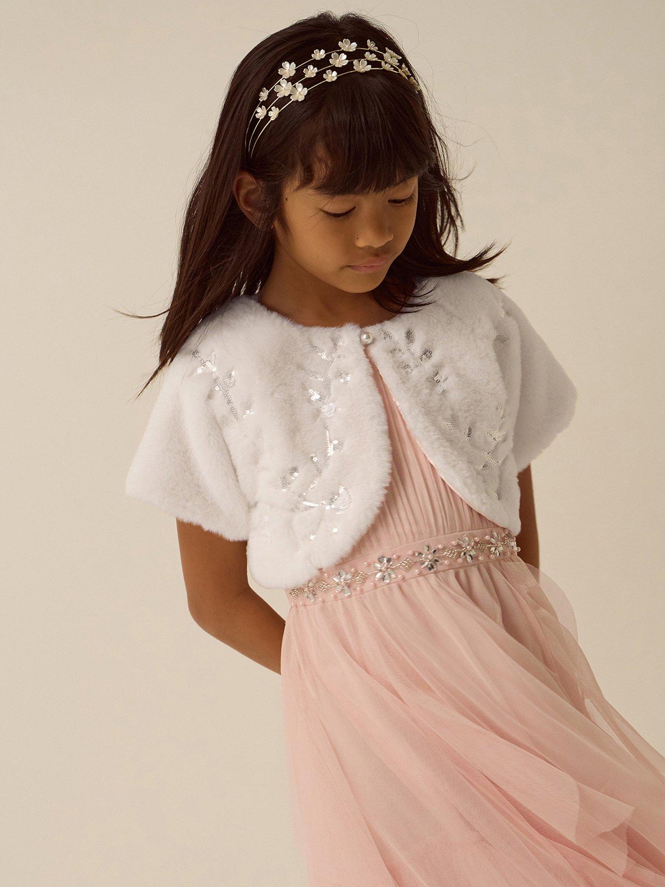 Monsoon Girls Ellie Embellished Short Sleeve Faux Fur Cardigan - Light Cream
