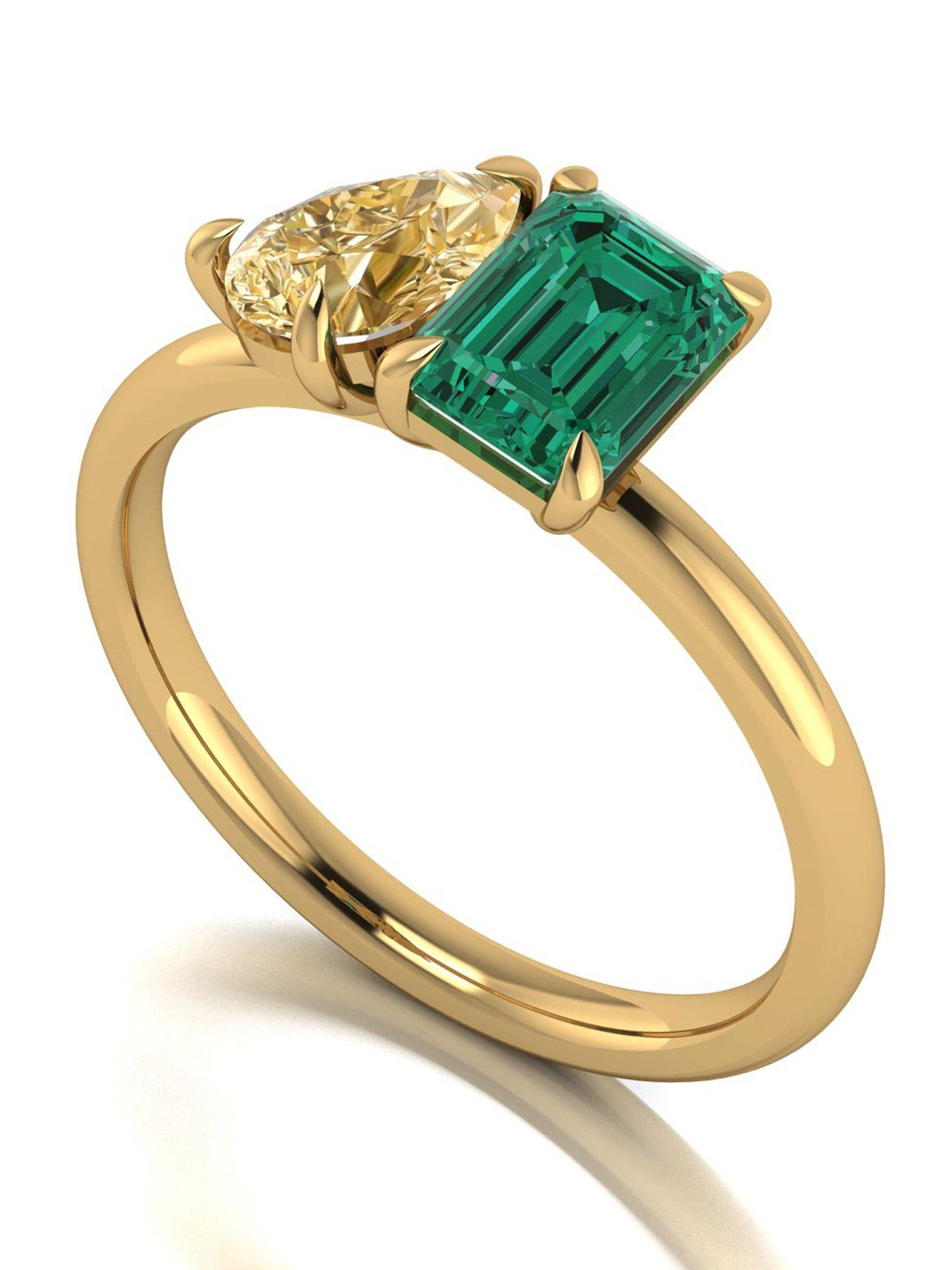 Moissanite 9ct Yellow Gold Verde Brillante and Champagne Pear and Emerald Cut Moissanite Toi et Moi Ring