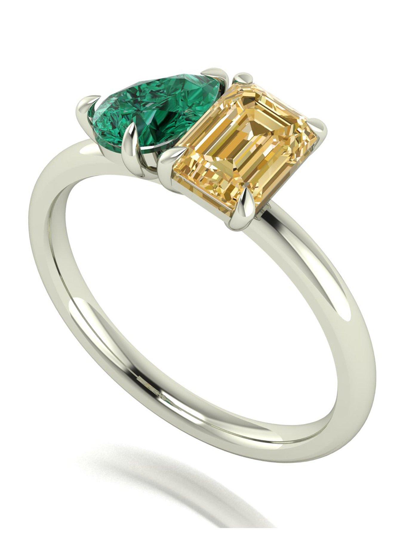 Image 1 of 5 of Moissanite 9ct White Gold Verde and Champagne Pear and Emerald Cut Moissanite Toi et Moi Ring