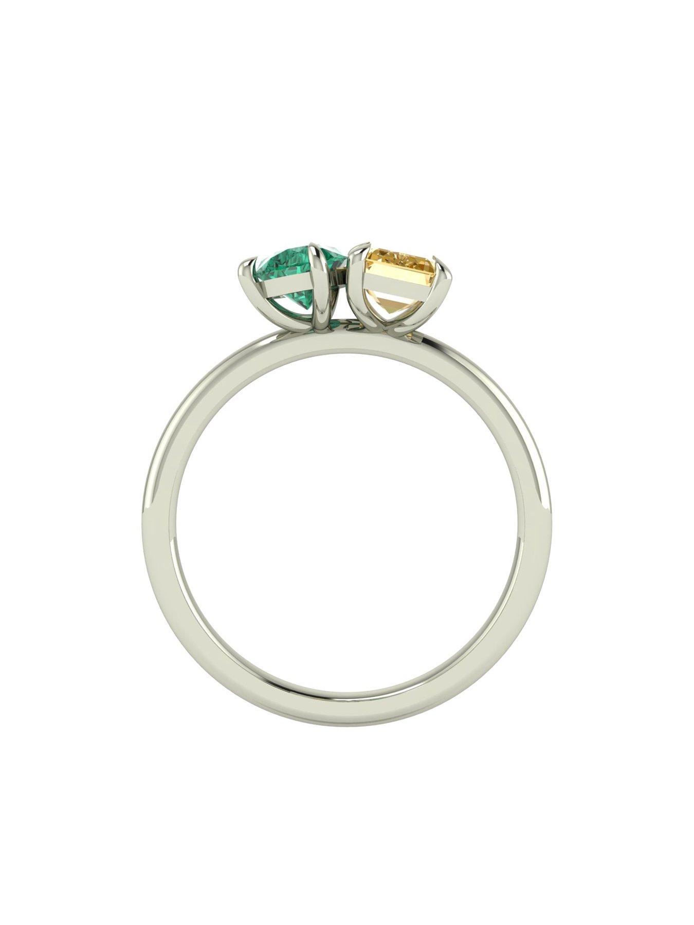 Image 2 of 5 of Moissanite 9ct White Gold Verde and Champagne Pear and Emerald Cut Moissanite Toi et Moi Ring