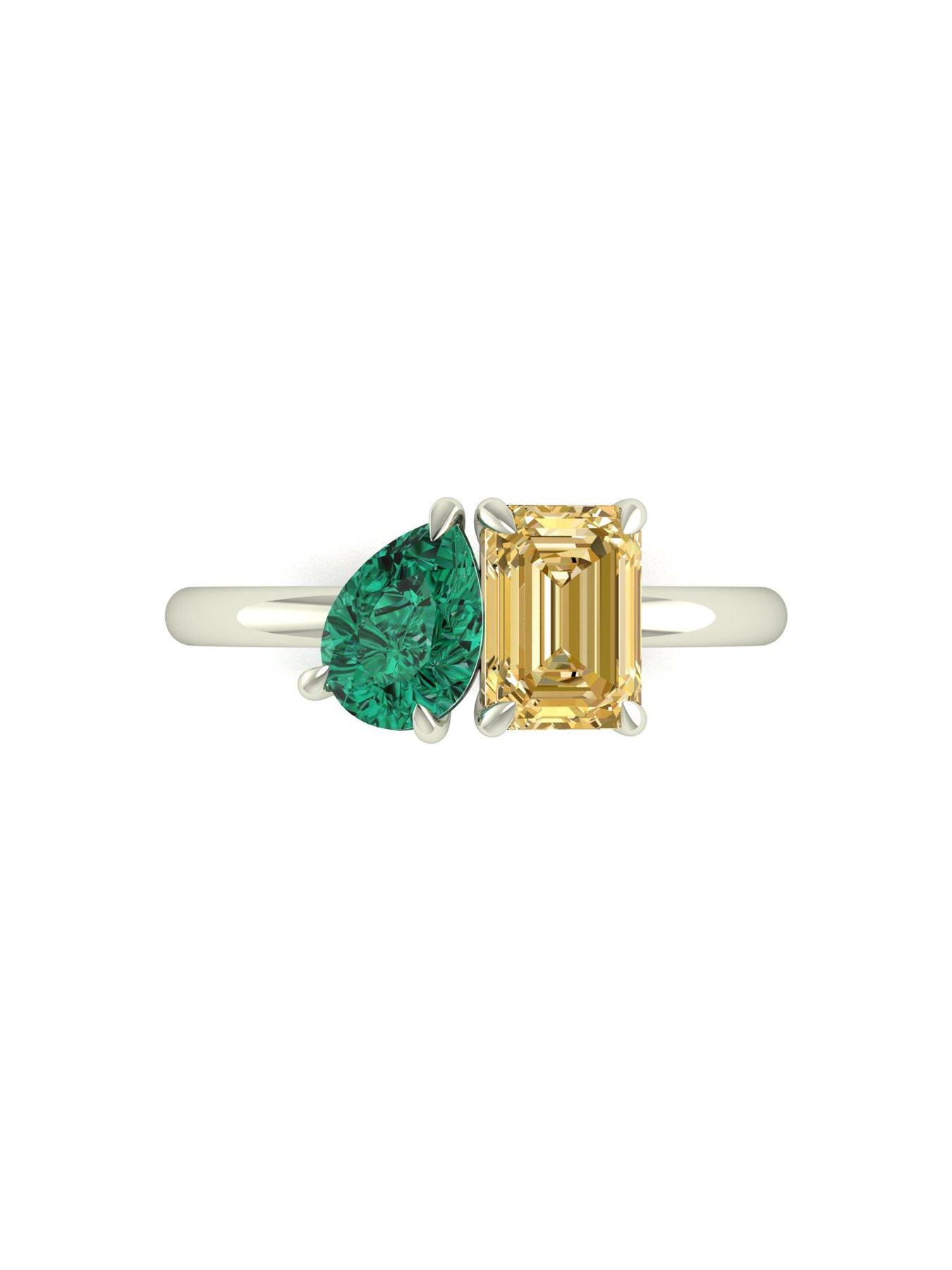 Image 4 of 5 of Moissanite 9ct White Gold Verde and Champagne Pear and Emerald Cut Moissanite Toi et Moi Ring