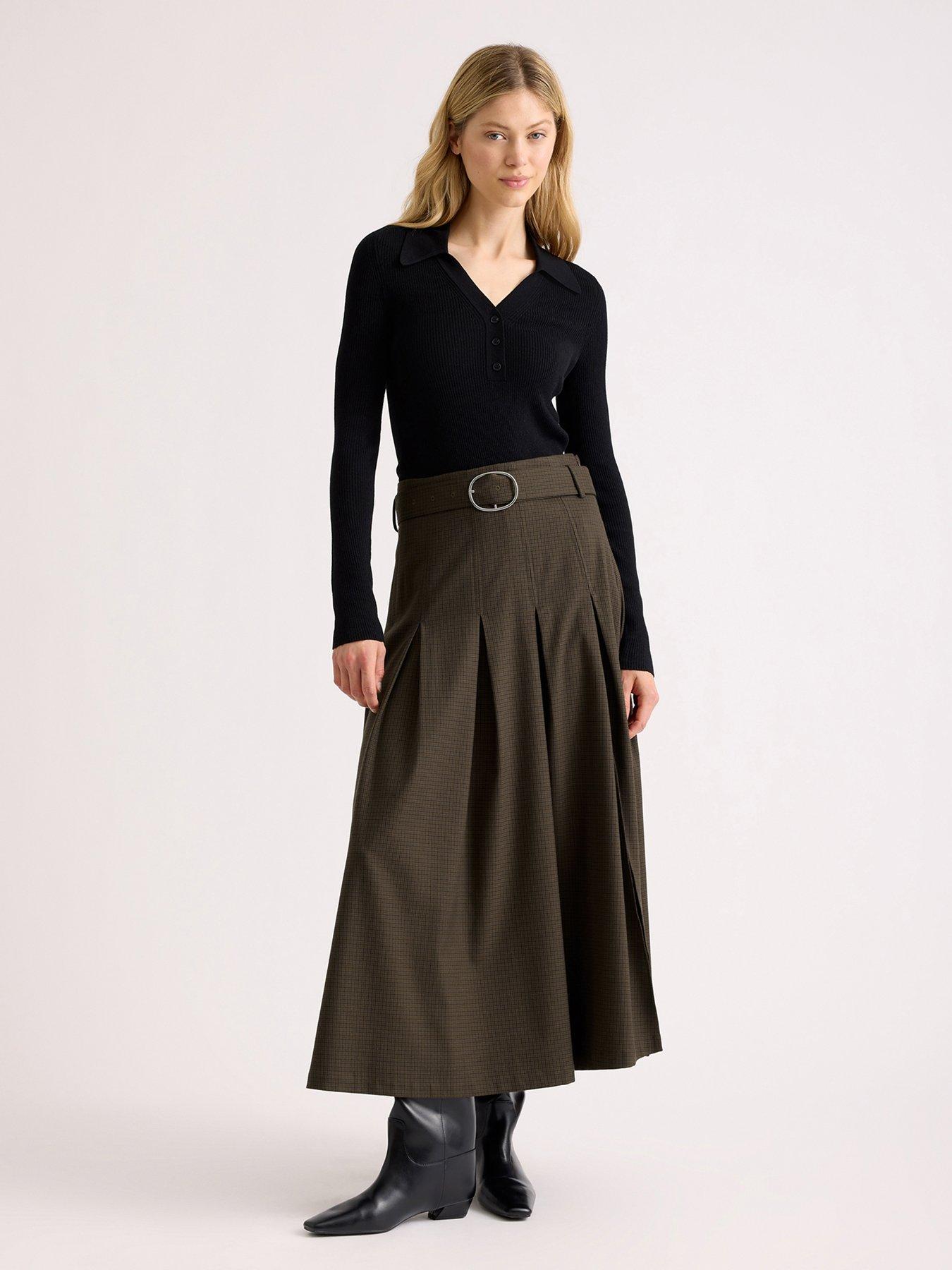 Image 1 of 5 of Albaray Women's Mini Checked Belted Midi Skirt - Brown