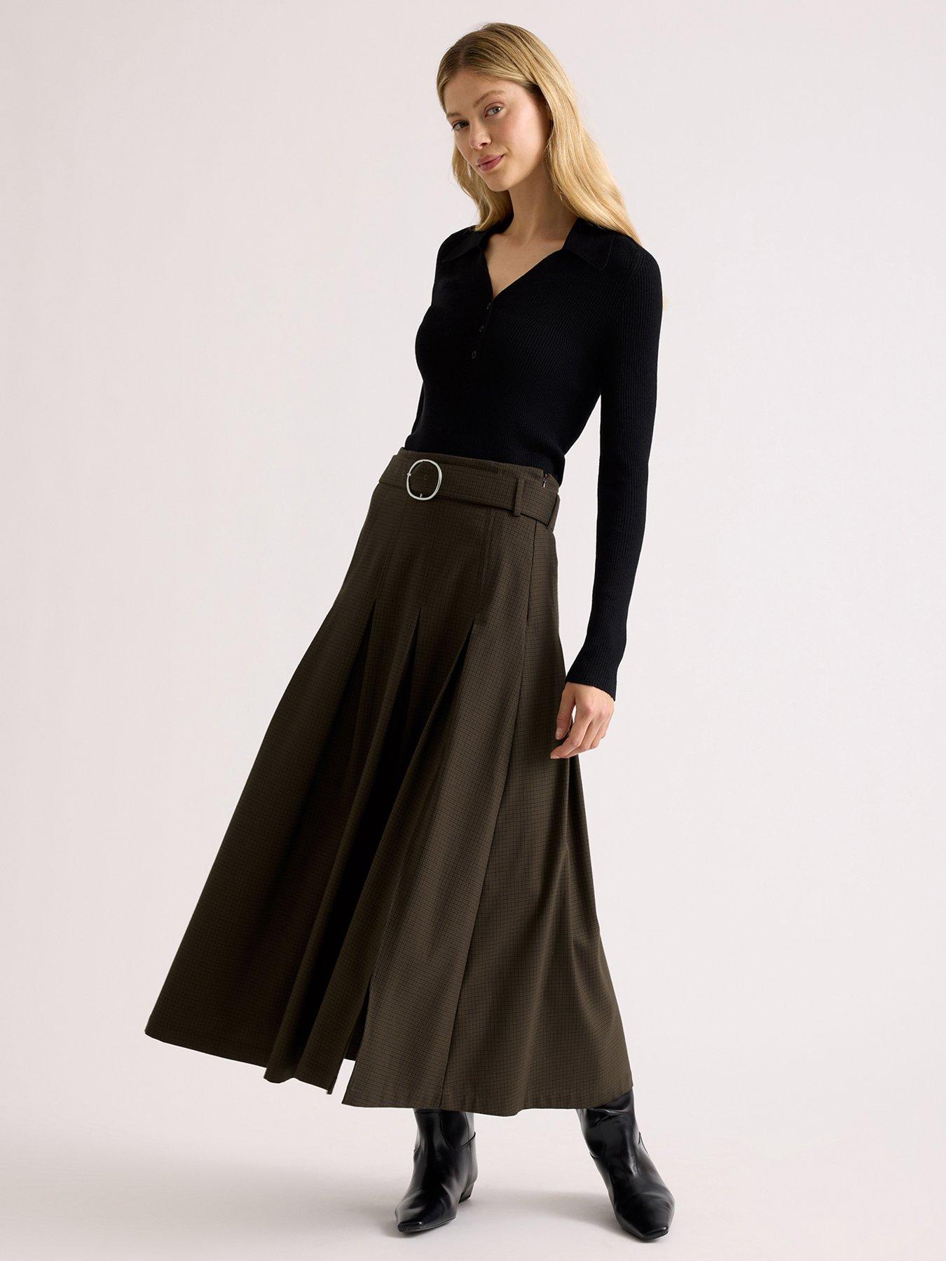 Image 4 of 5 of Albaray Women's Mini Checked Belted Midi Skirt - Brown