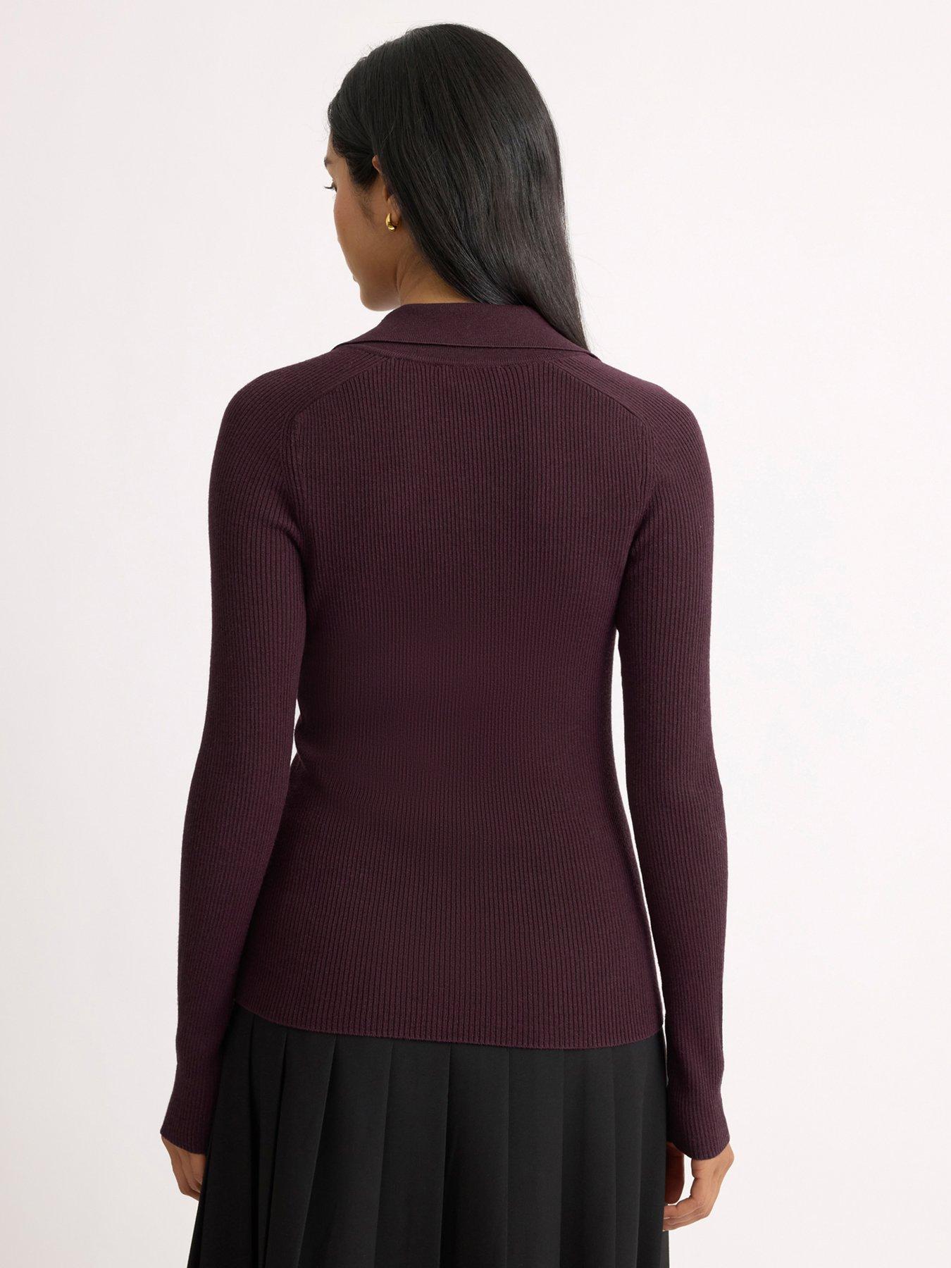 Image 2 of 5 of Albaray Ribbed V Neck Long Sleeve Top - Burgundy